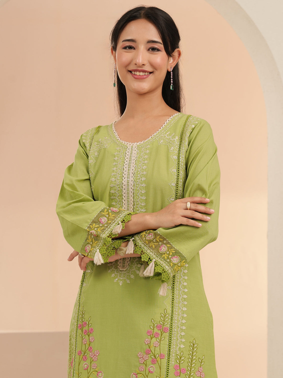 Mameraa Fern Green Floral Embridered Cotton Straight Suit Set