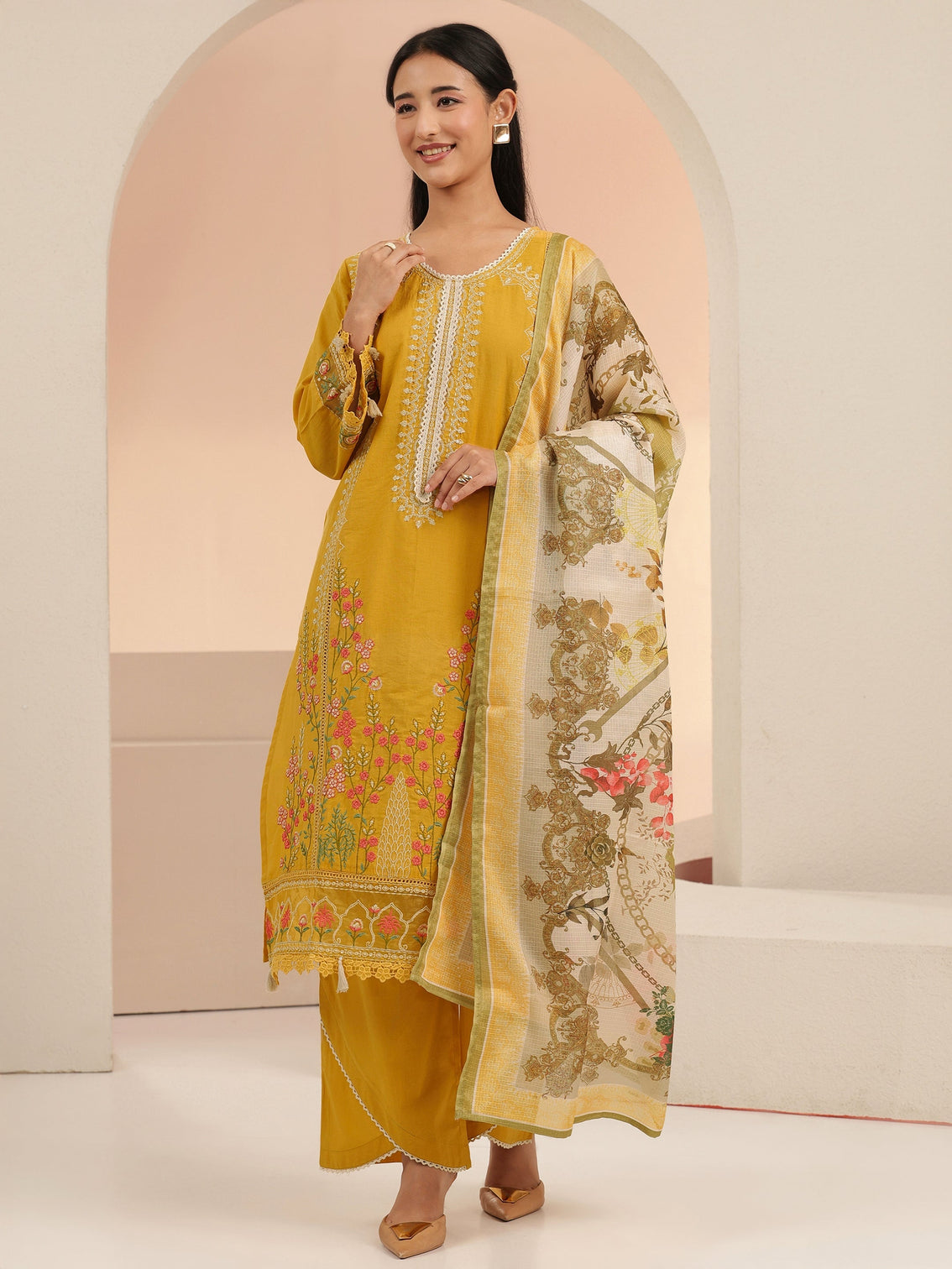 Mameraa Mustard Floral Embridered Cotton Straight Suit Set