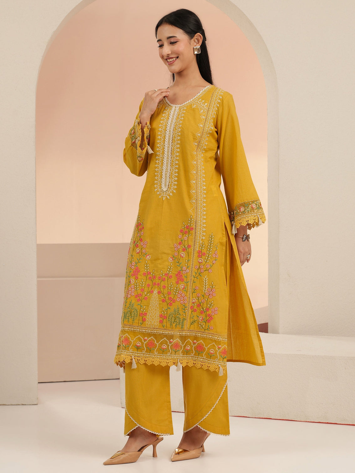 Mameraa Mustard Floral Embridered Cotton Straight Suit Set