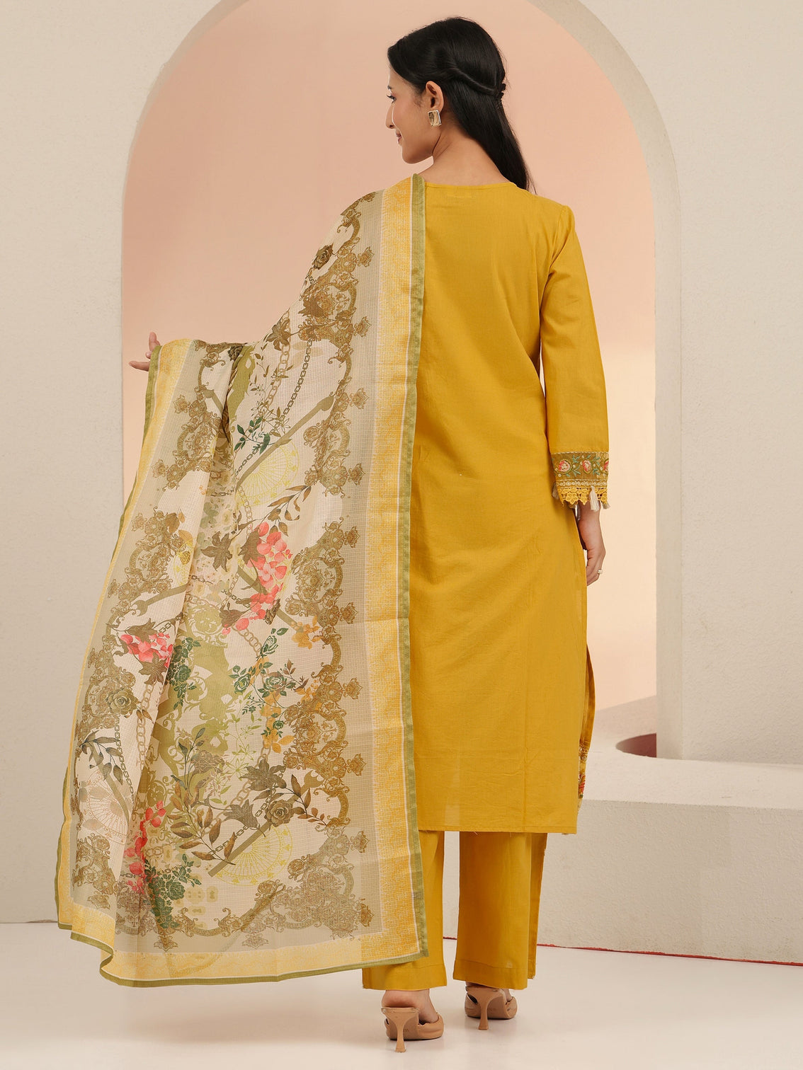 Mameraa Mustard Floral Embridered Cotton Straight Suit Set