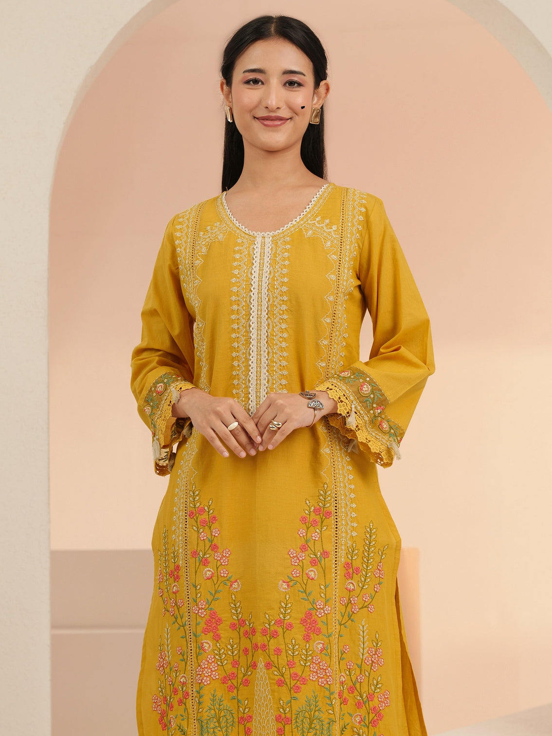 Mameraa Mustard Floral Embridered Cotton Straight Suit Set