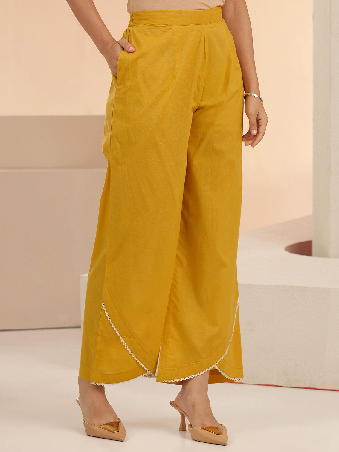 Mameraa Mustard Floral Embridered Cotton Straight Suit Set