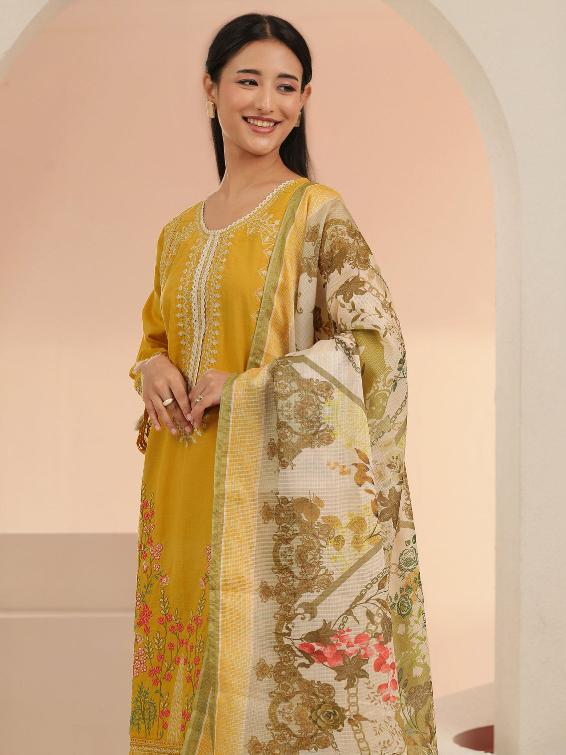 Mameraa Mustard Floral Embridered Cotton Straight Suit Set