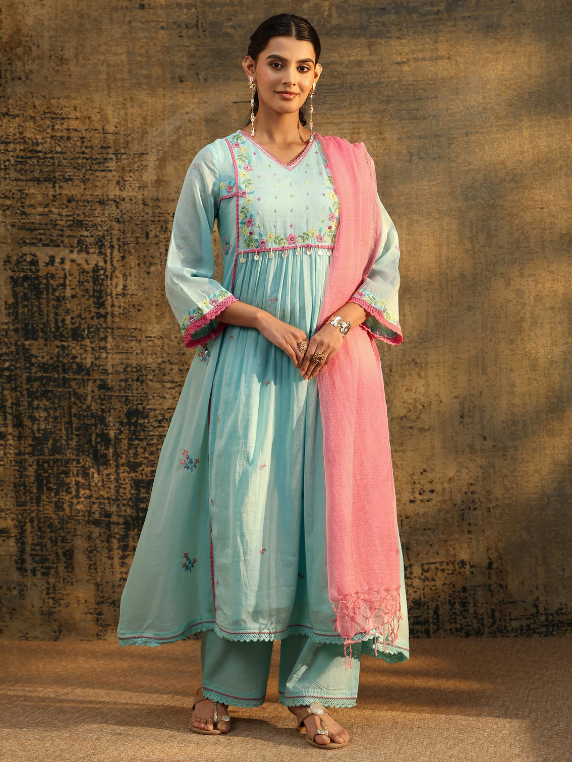 Mameraa Baby Blue Floral Embroidered Cotton Anarkali Suit Set