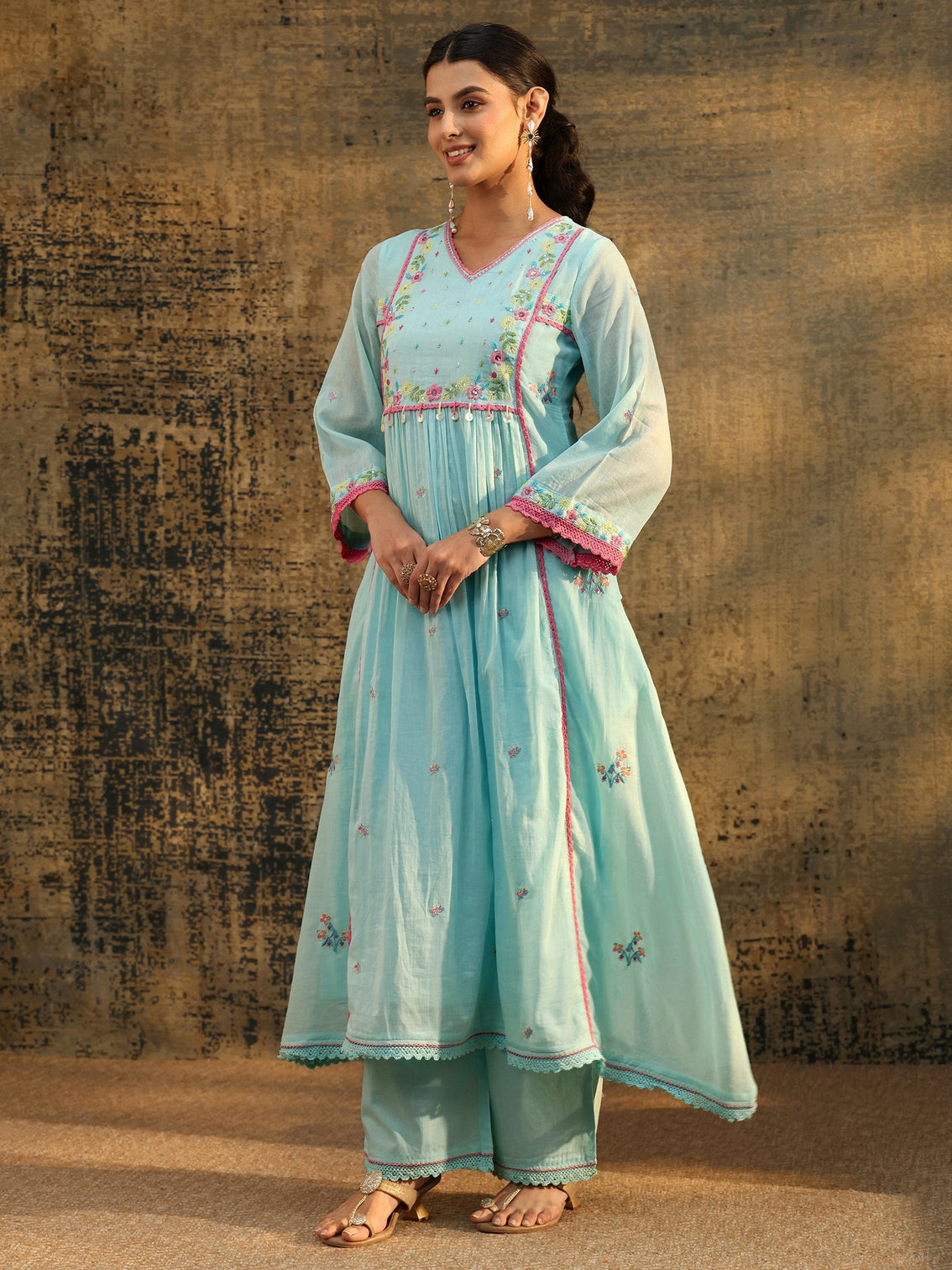 Mameraa Baby Blue Floral Embroidered Cotton Anarkali Suit Set