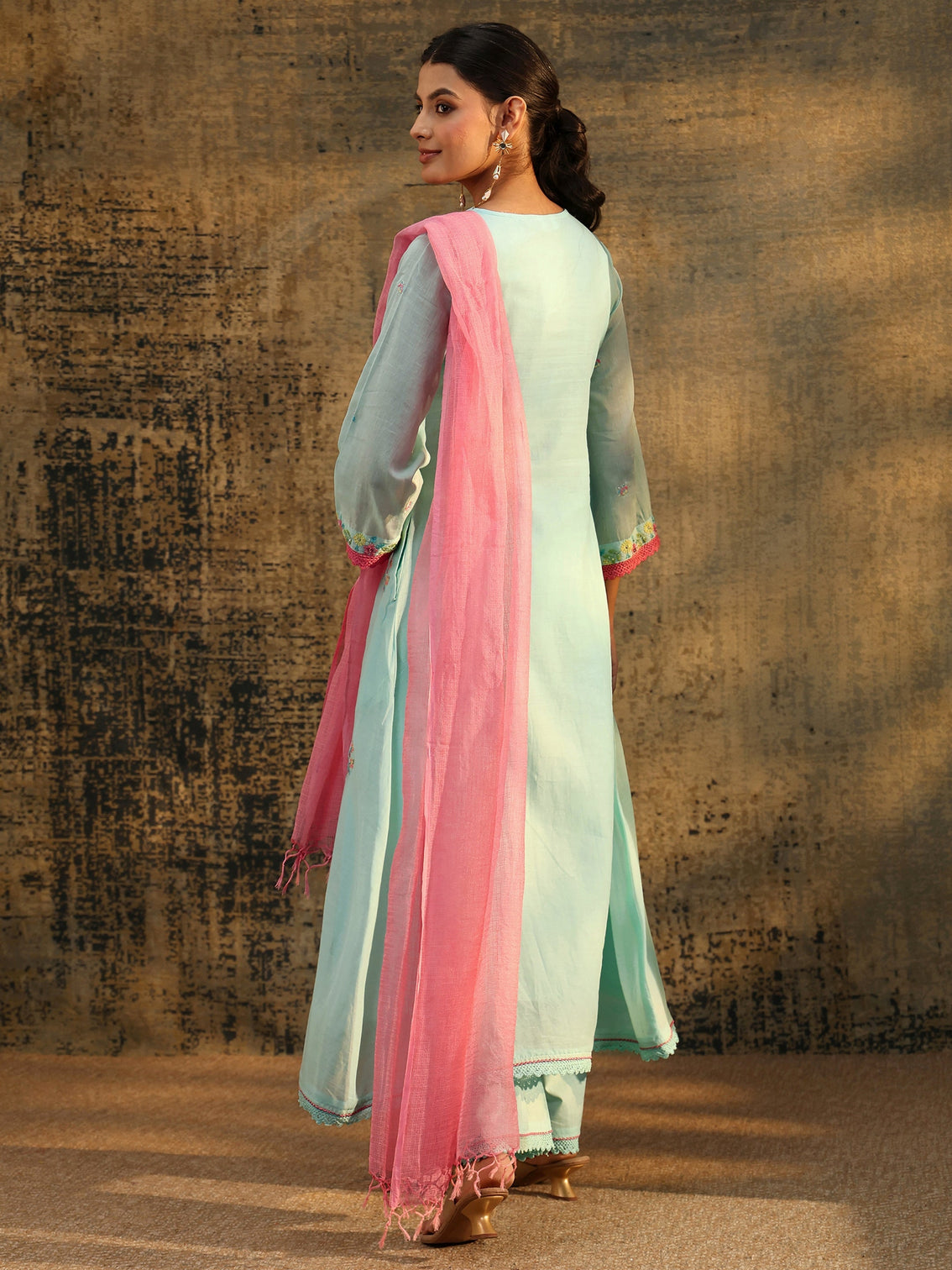 Mameraa Baby Blue Floral Embroidered Cotton Anarkali Suit Set
