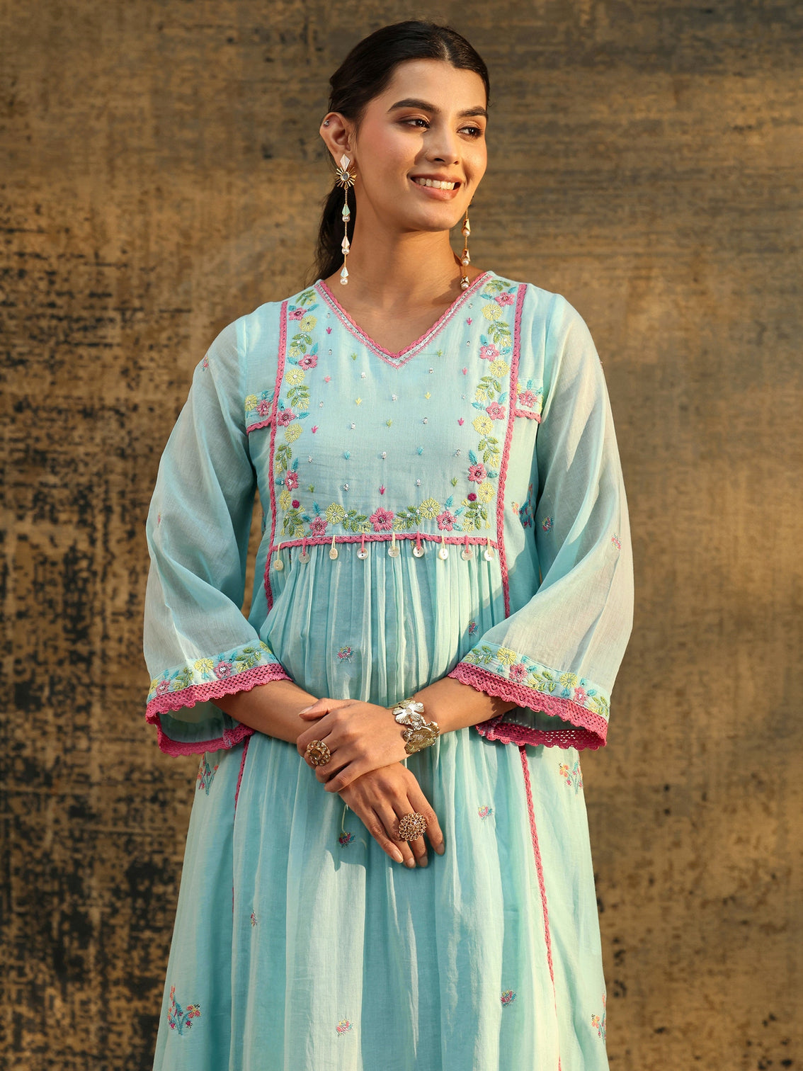 Mameraa Baby Blue Floral Embroidered Cotton Anarkali Suit Set