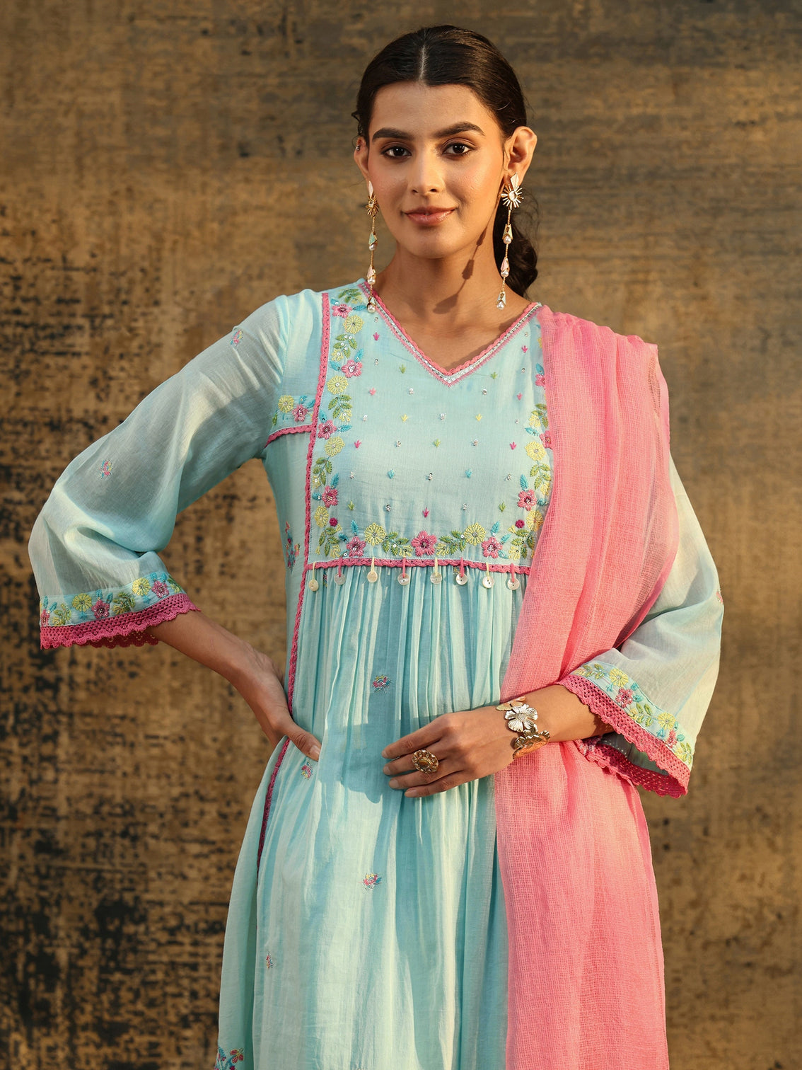 Mameraa Baby Blue Floral Embroidered Cotton Anarkali Suit Set
