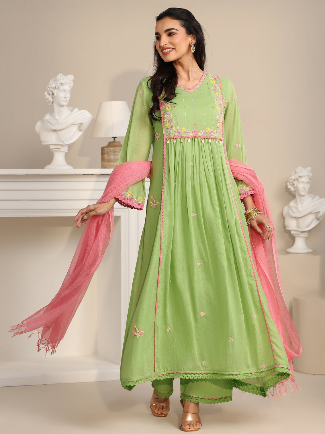 Mameraa Pista Green Floral Embroidered Cotton Anarkali Suit Set