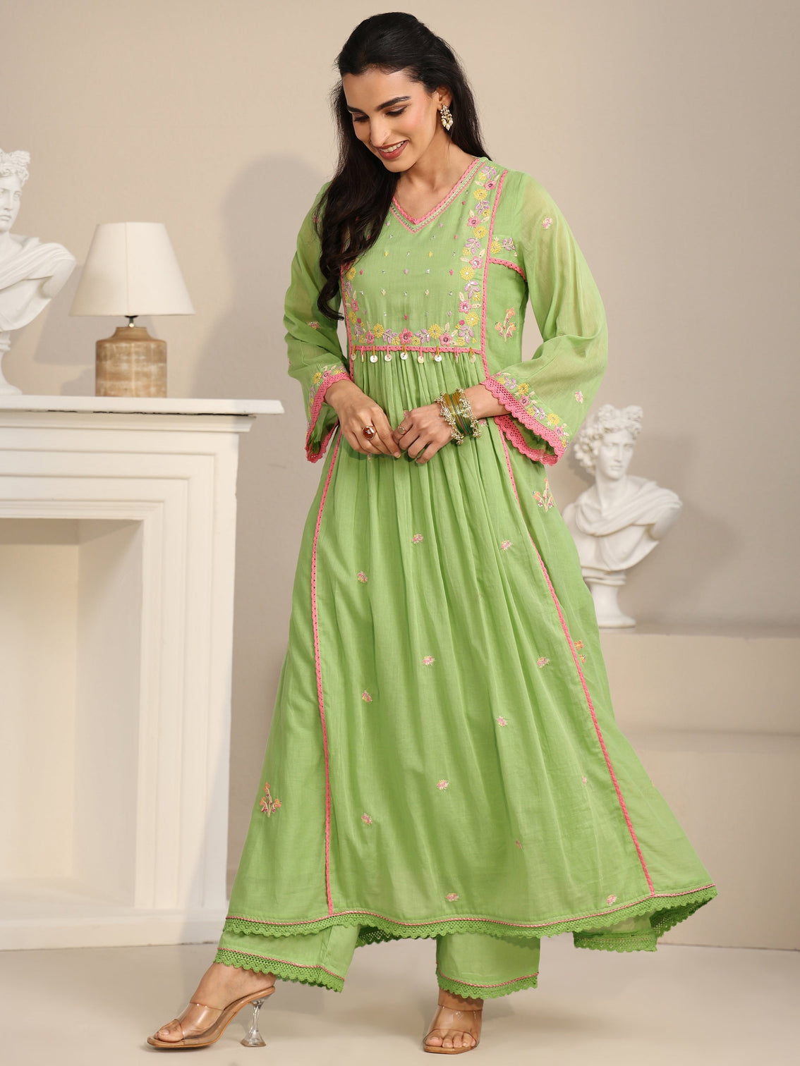 Mameraa Pista Green Floral Embroidered Cotton Anarkali Suit Set
