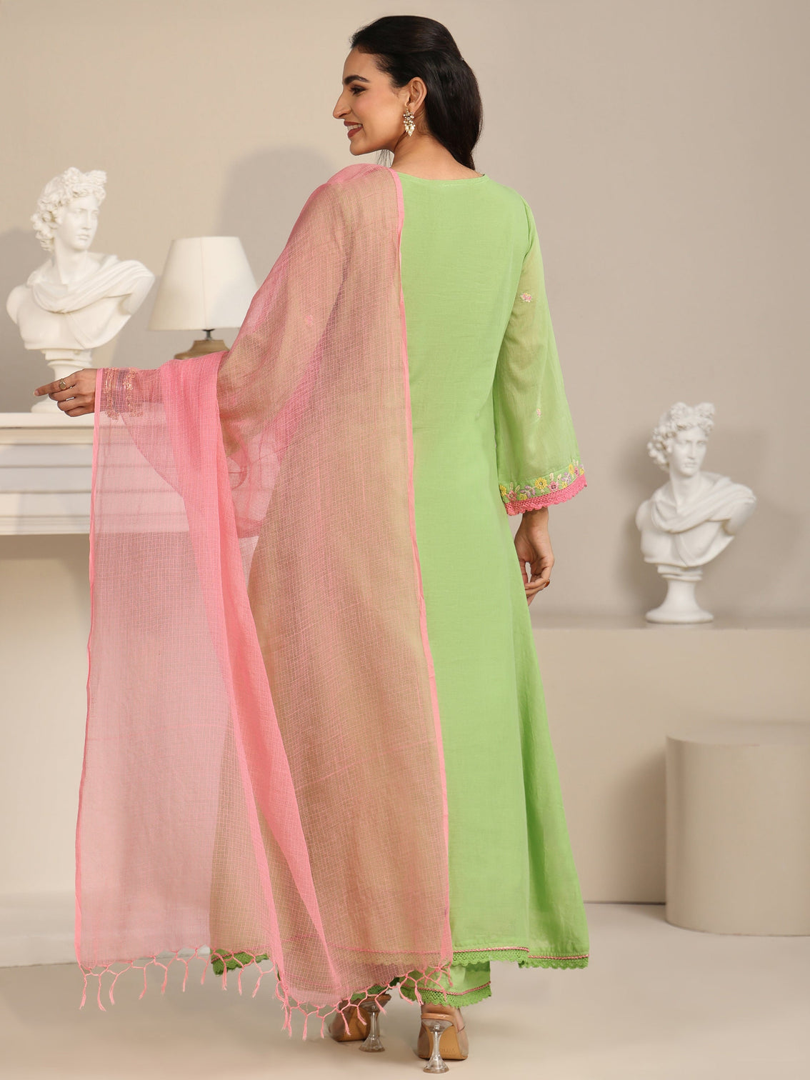 Mameraa Pista Green Floral Embroidered Cotton Anarkali Suit Set