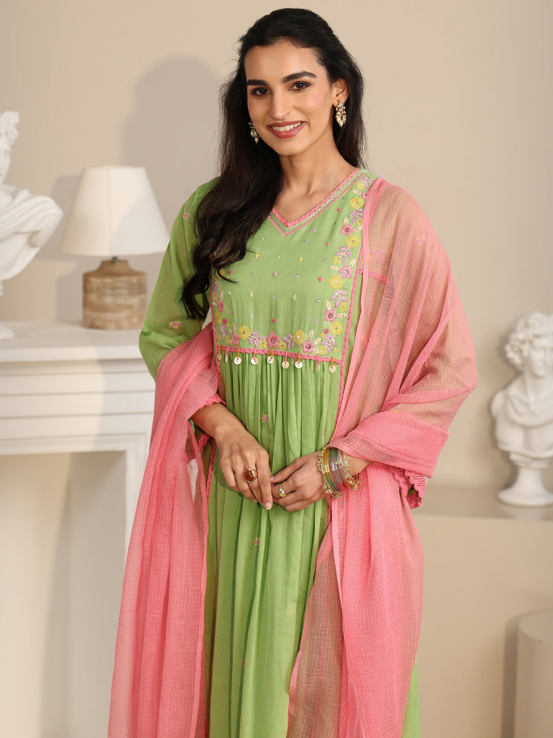 Mameraa Pista Green Floral Embroidered Cotton Anarkali Suit Set