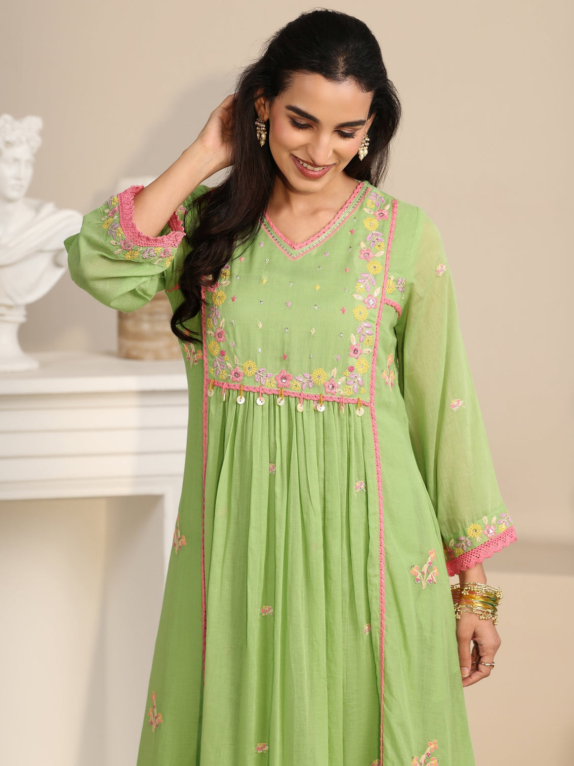 Mameraa Pista Green Floral Embroidered Cotton Anarkali Suit Set