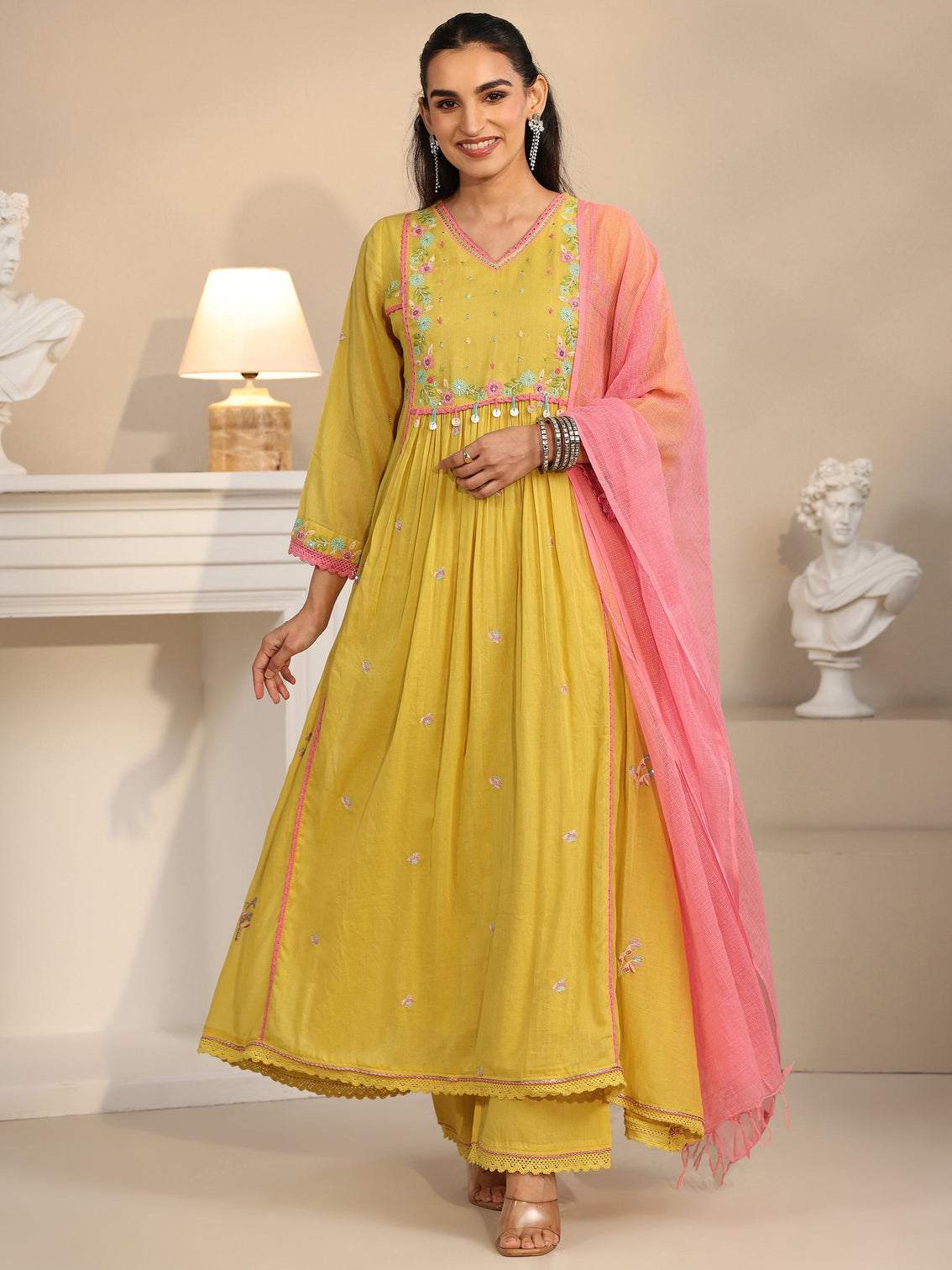 Mameraa Daffodil Yellow Floral Embroidered Cotton Anarkali Suit Set