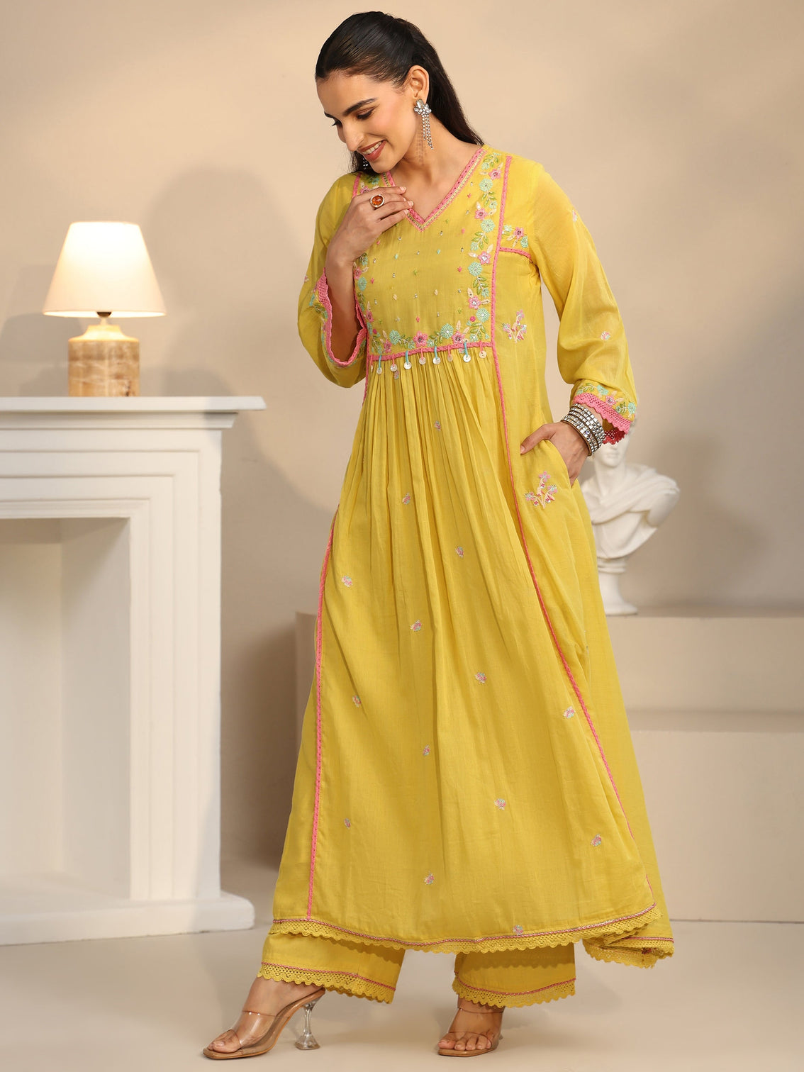 Mameraa Daffodil Yellow Floral Embroidered Cotton Anarkali Suit Set