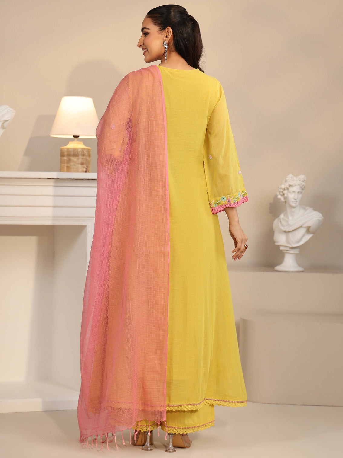 Mameraa Daffodil Yellow Floral Embroidered Cotton Anarkali Suit Set