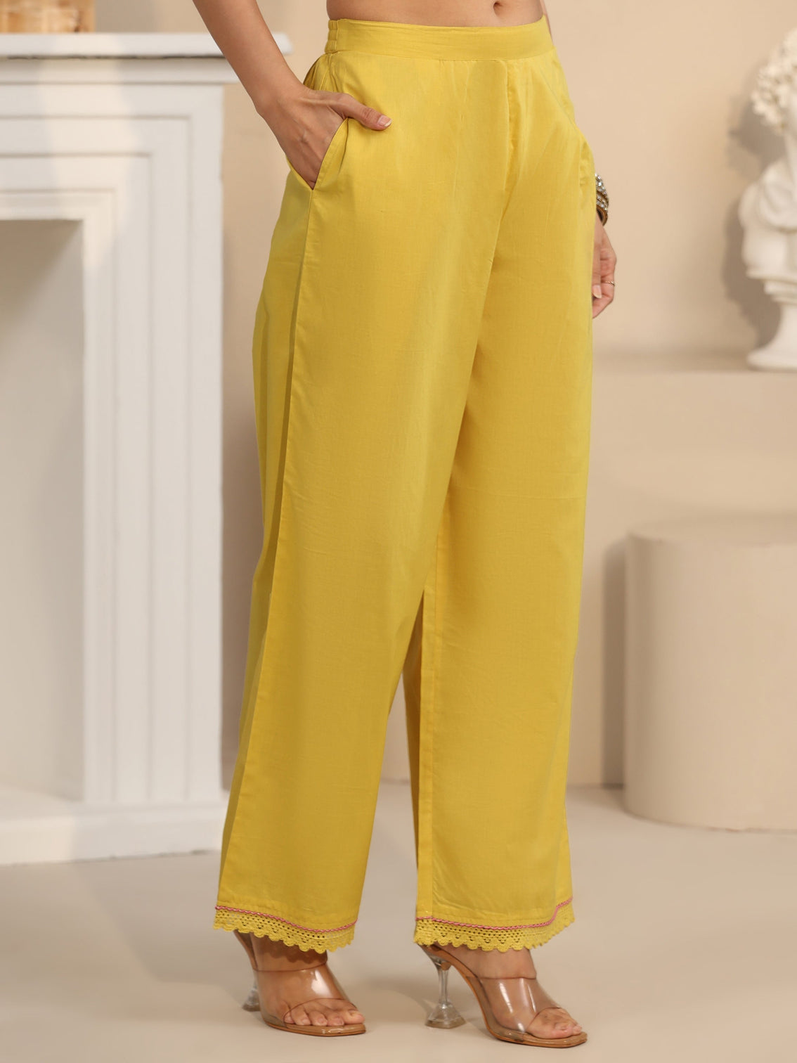 Mameraa Daffodil Yellow Floral Embroidered Cotton Anarkali Suit Set