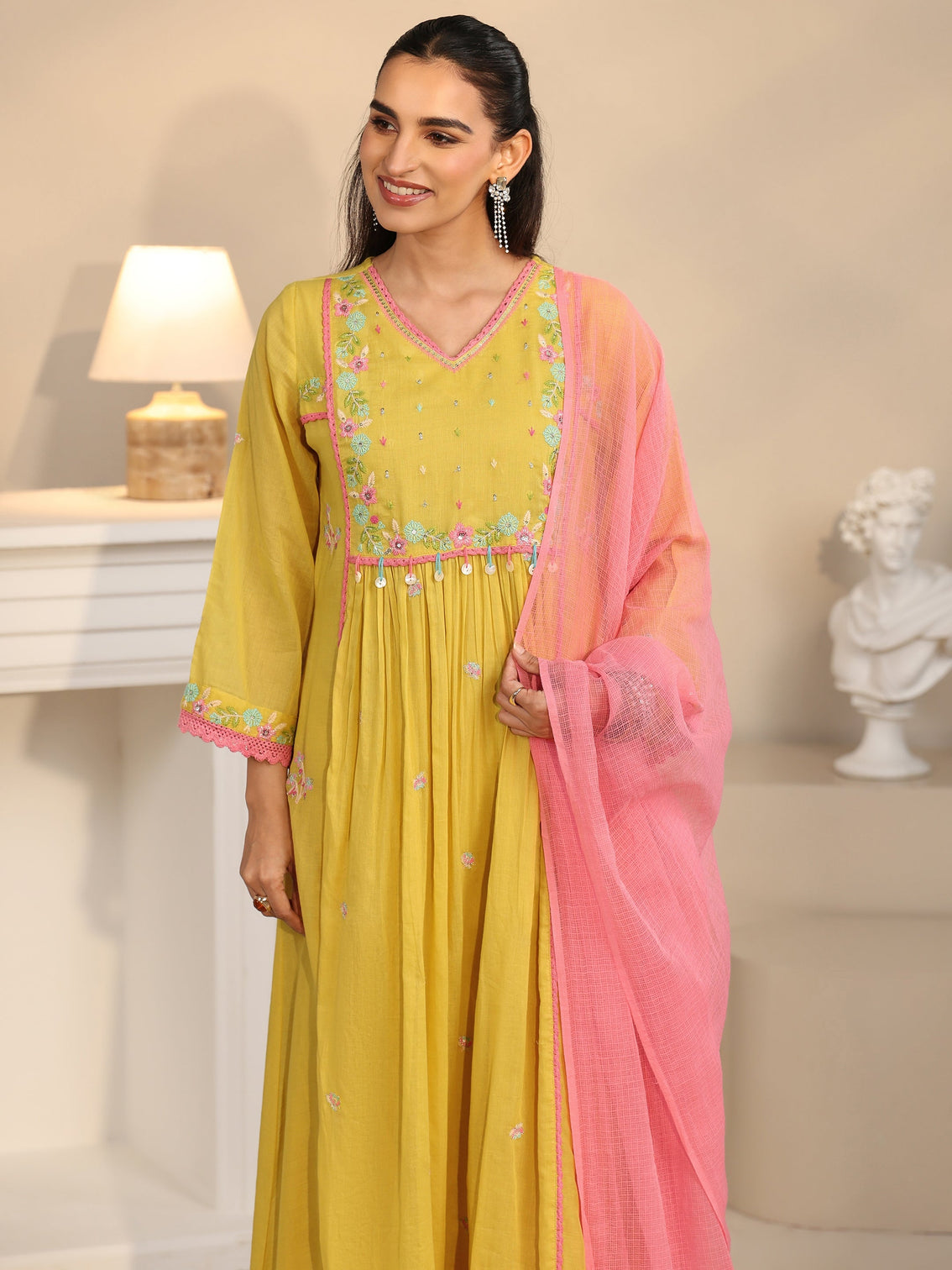 Mameraa Daffodil Yellow Floral Embroidered Cotton Anarkali Suit Set
