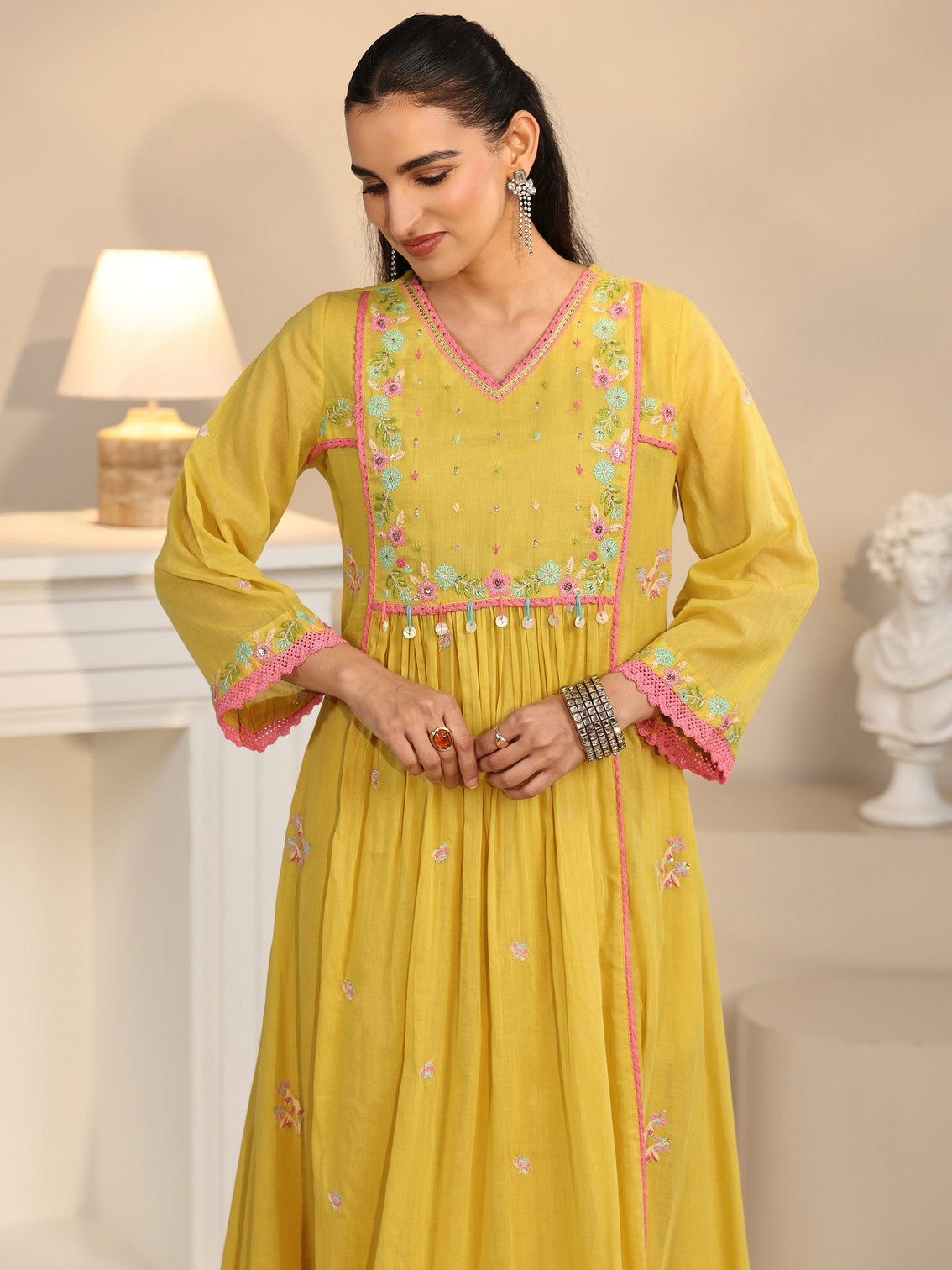 Mameraa Daffodil Yellow Floral Embroidered Cotton Anarkali Suit Set