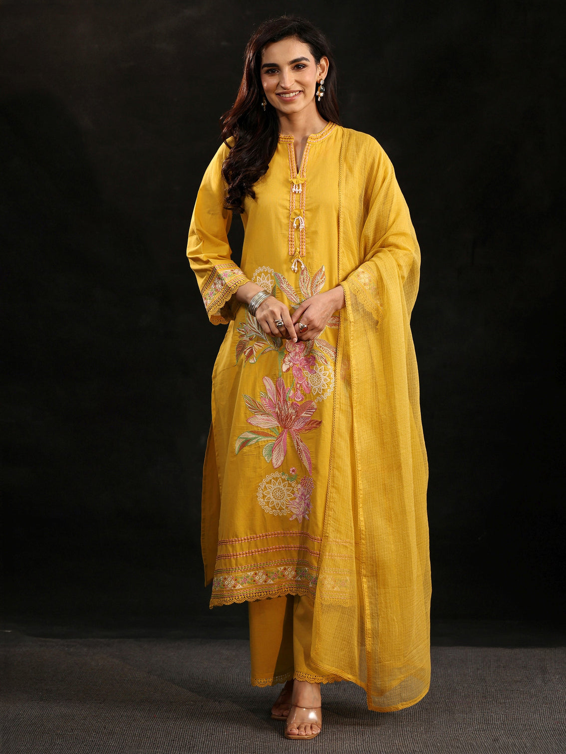 Mameraa Mustard Floral Embroidered Cotton Straight Suit Set