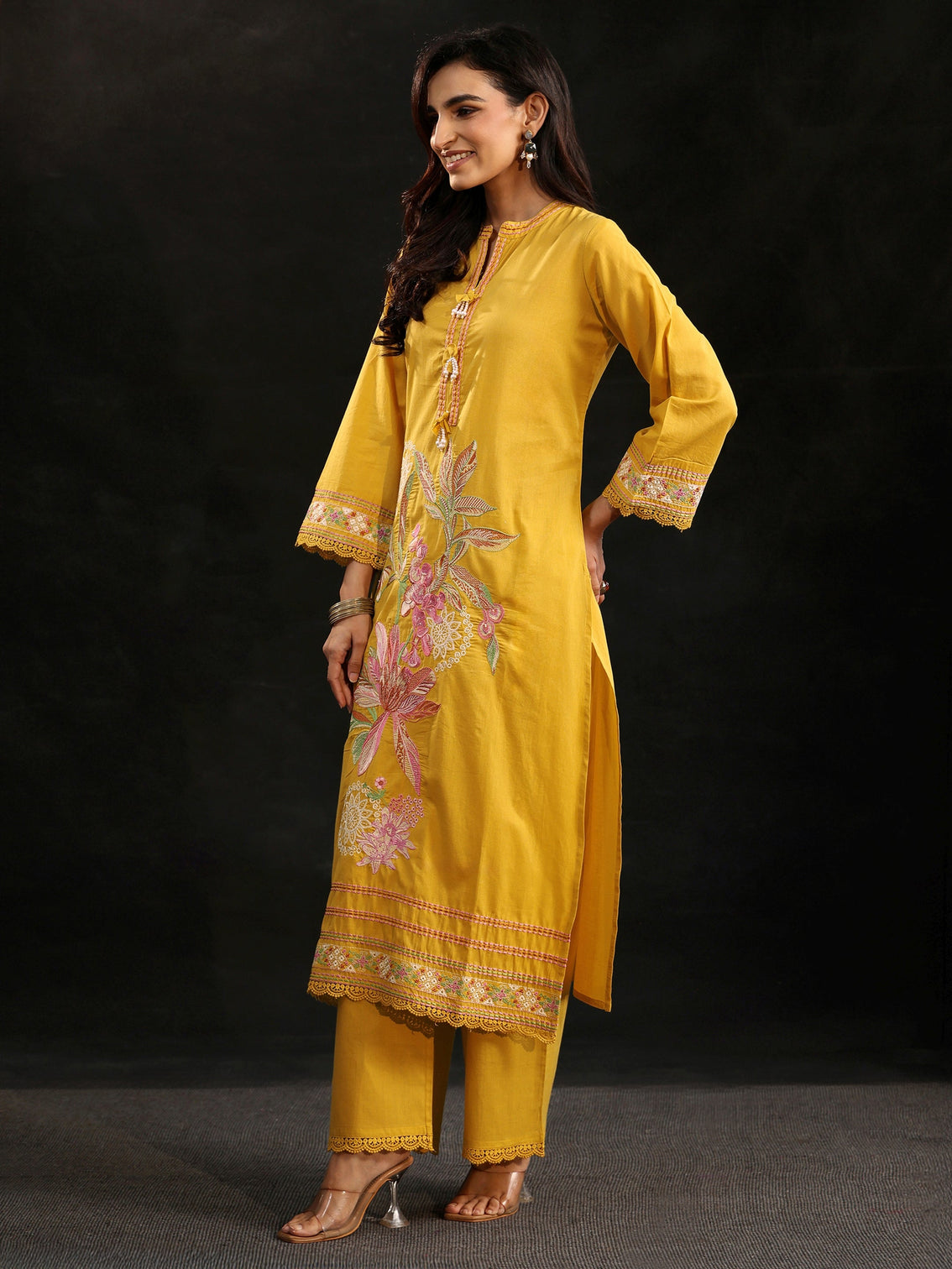 Mameraa Mustard Floral Embroidered Cotton Straight Suit Set