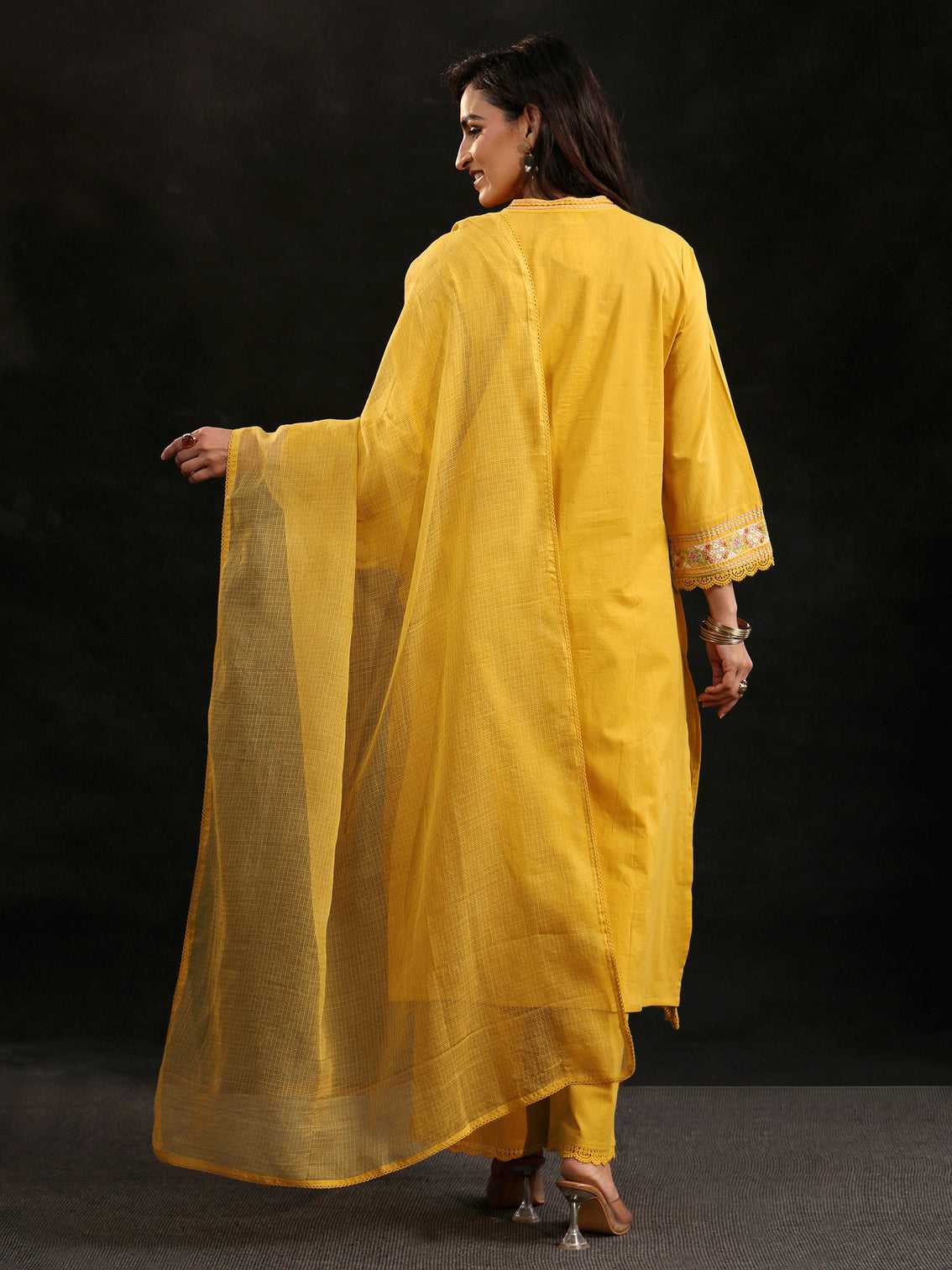 Mameraa Mustard Floral Embroidered Cotton Straight Suit Set