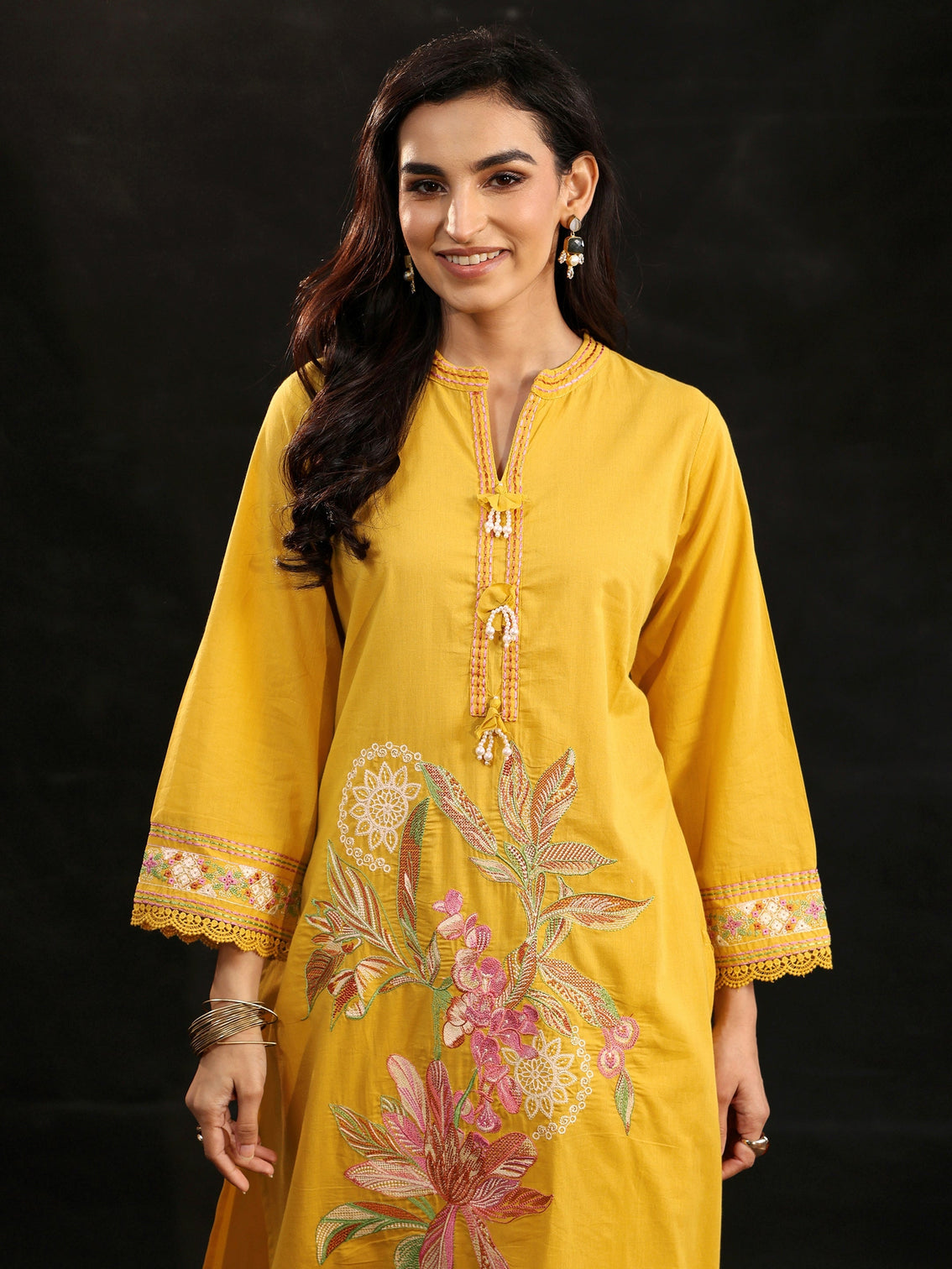 Mameraa Mustard Floral Embroidered Cotton Straight Suit Set