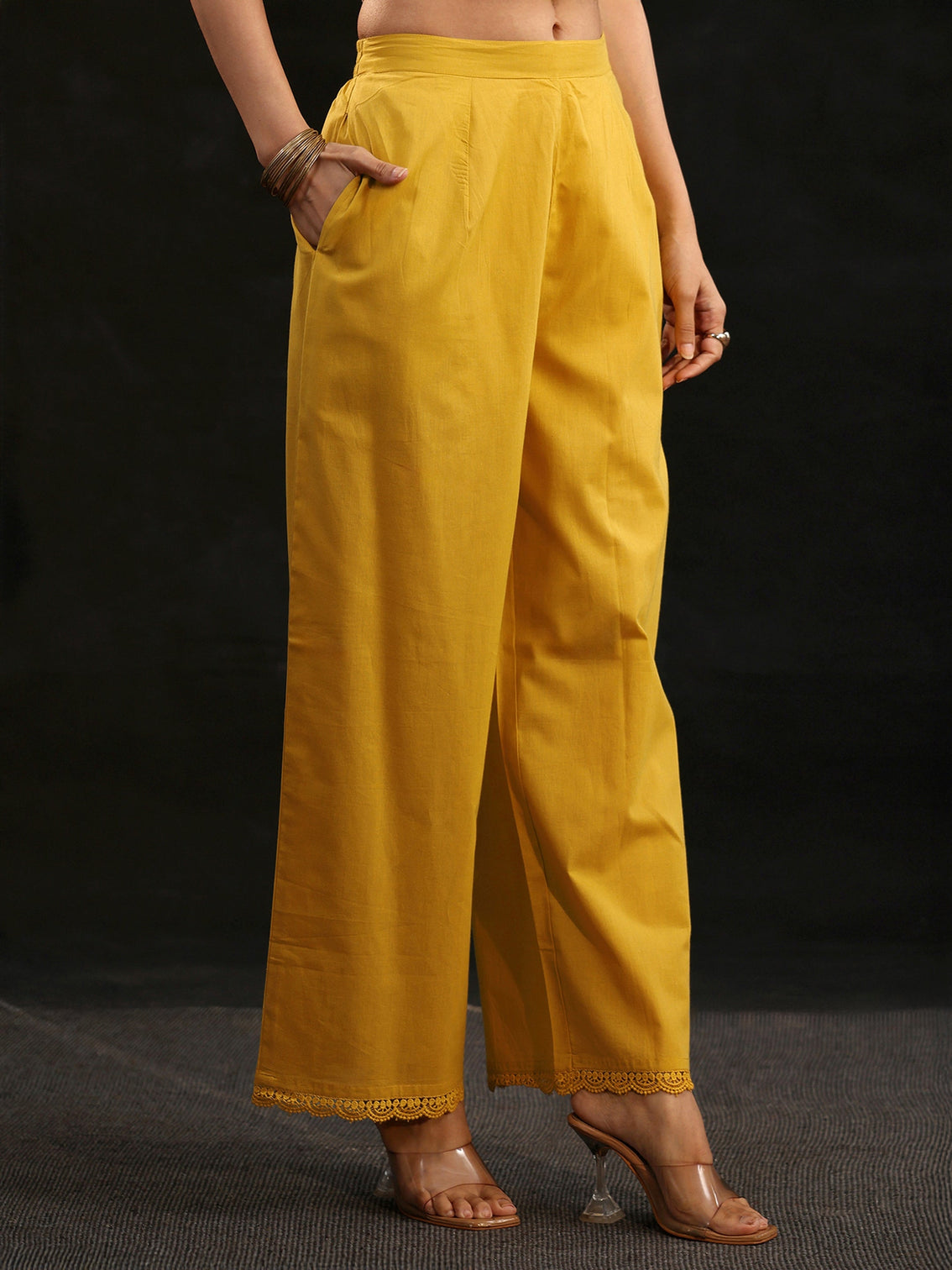 Mameraa Mustard Floral Embroidered Cotton Straight Suit Set