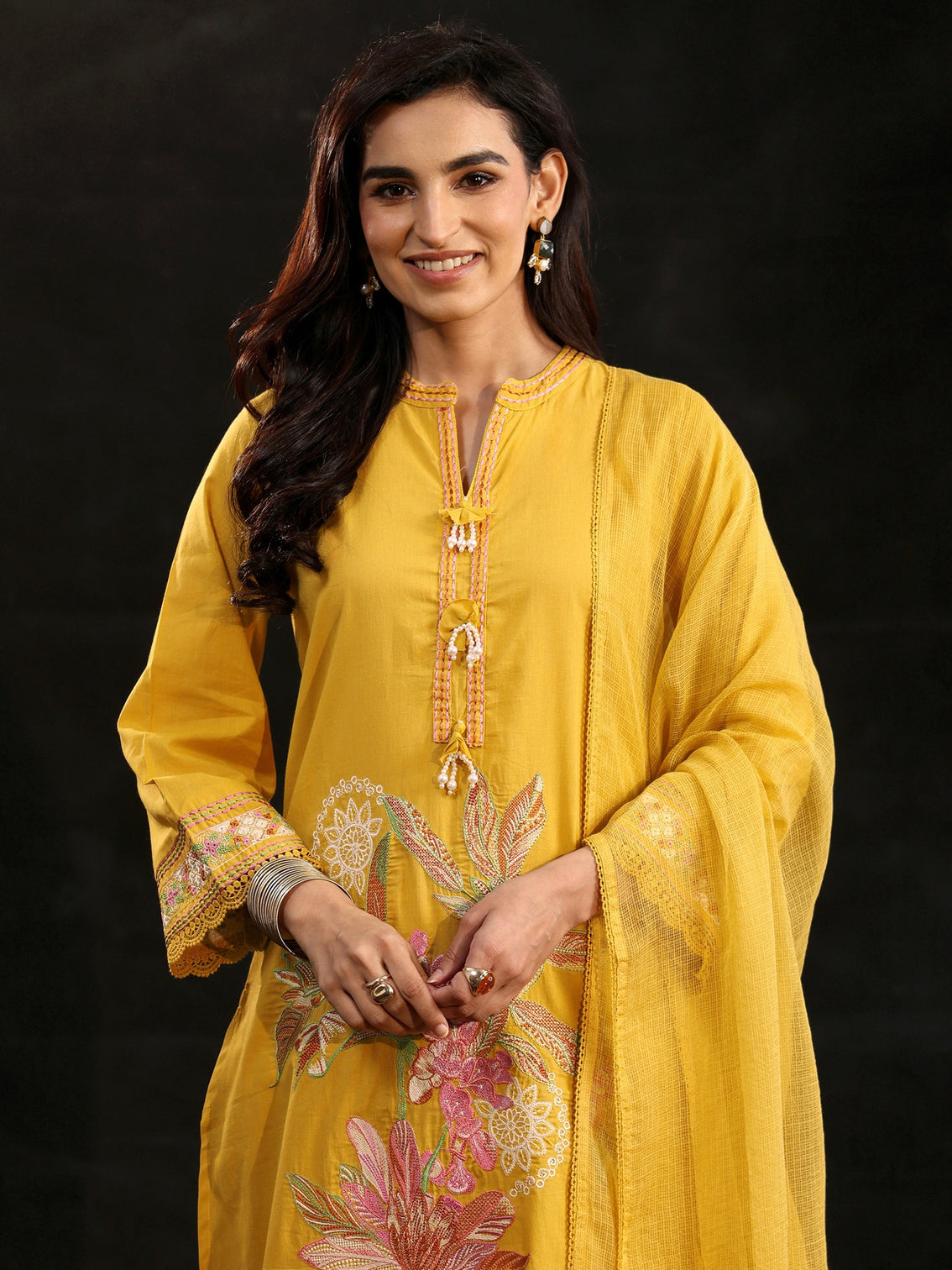 Mameraa Mustard Floral Embroidered Cotton Straight Suit Set