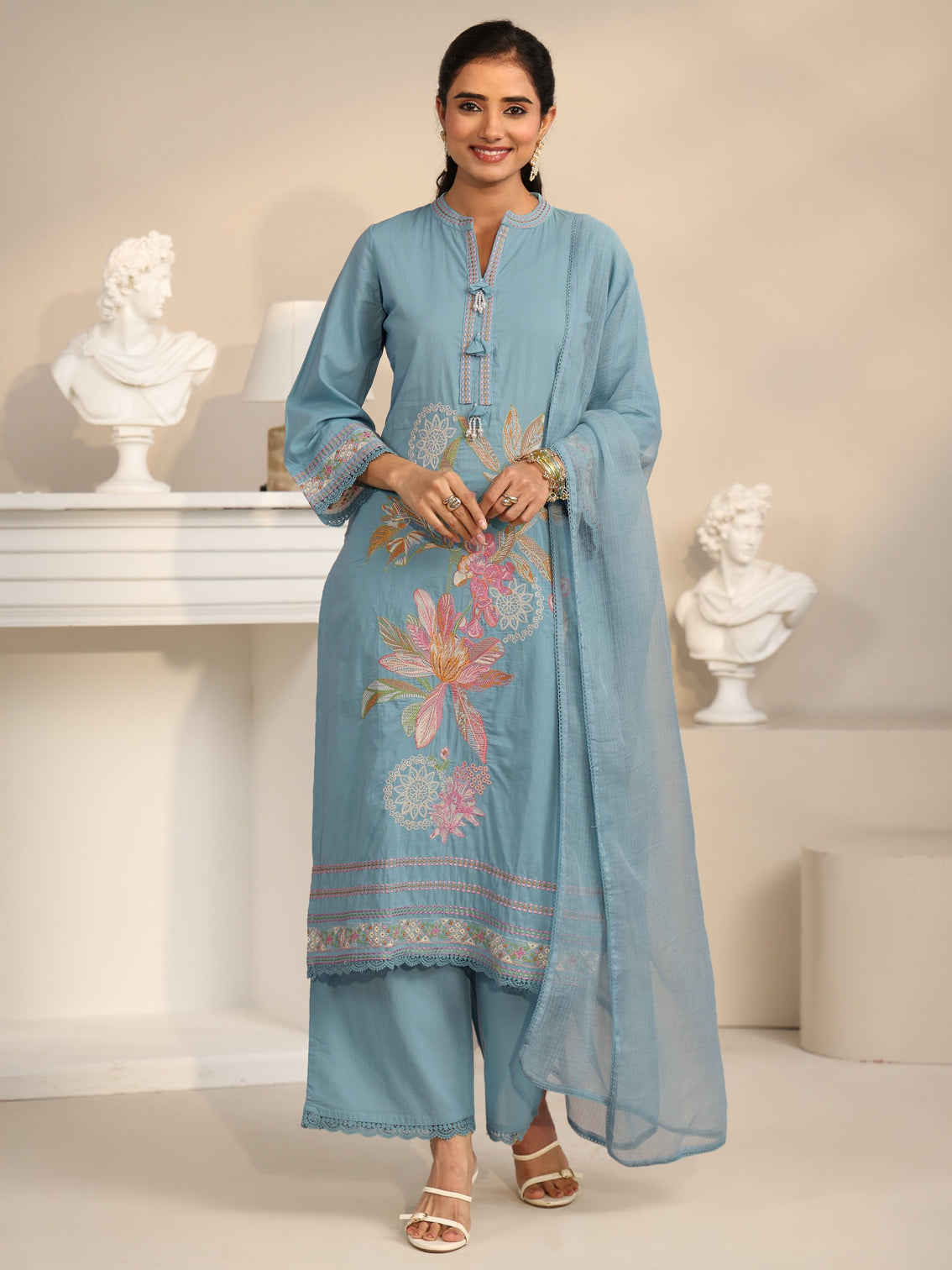 Mameraa Cornflower Blue Floral Embroidered Cotton Straight Suit Set