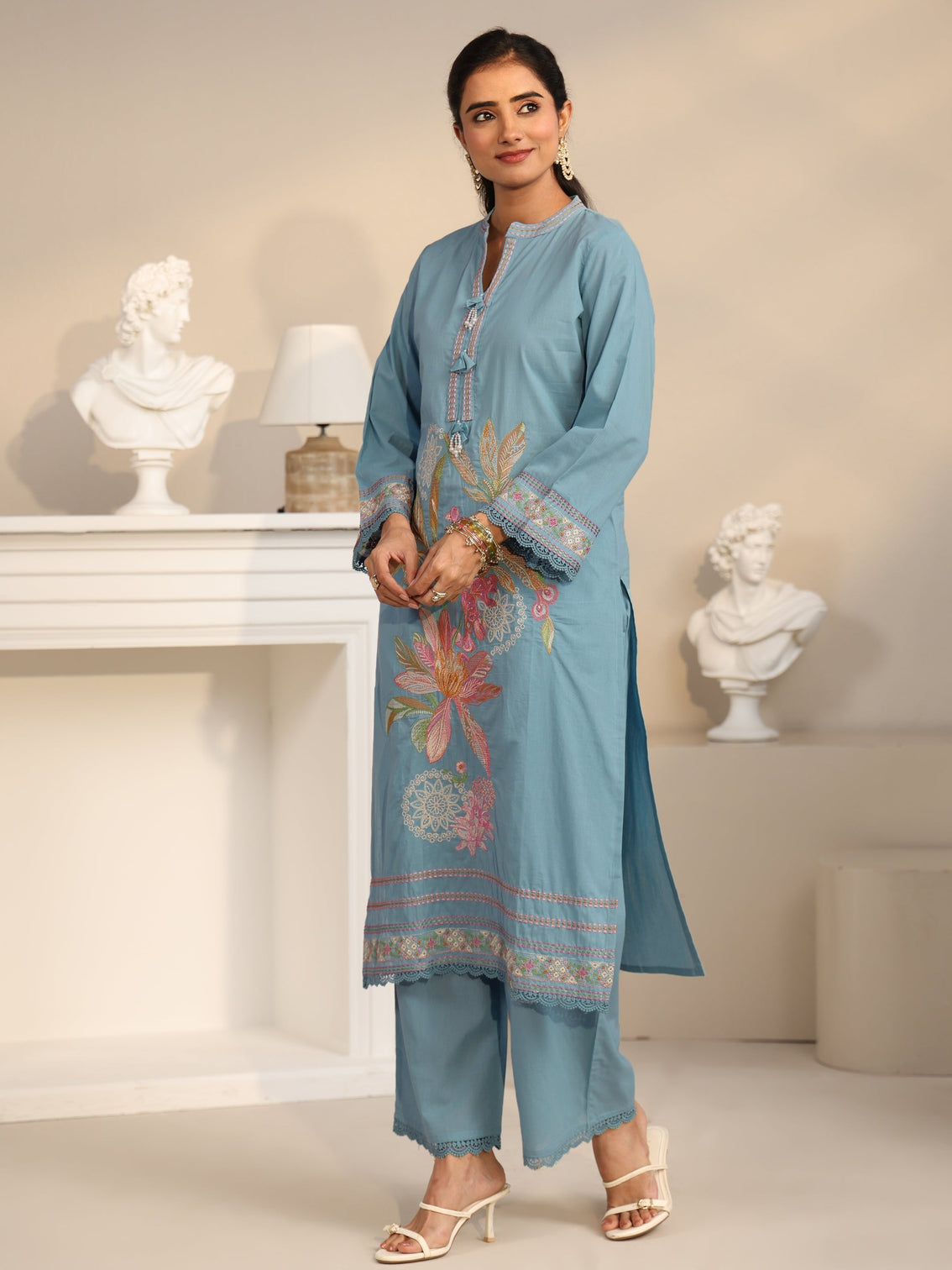 Mameraa Cornflower Blue Floral Embroidered Cotton Straight Suit Set