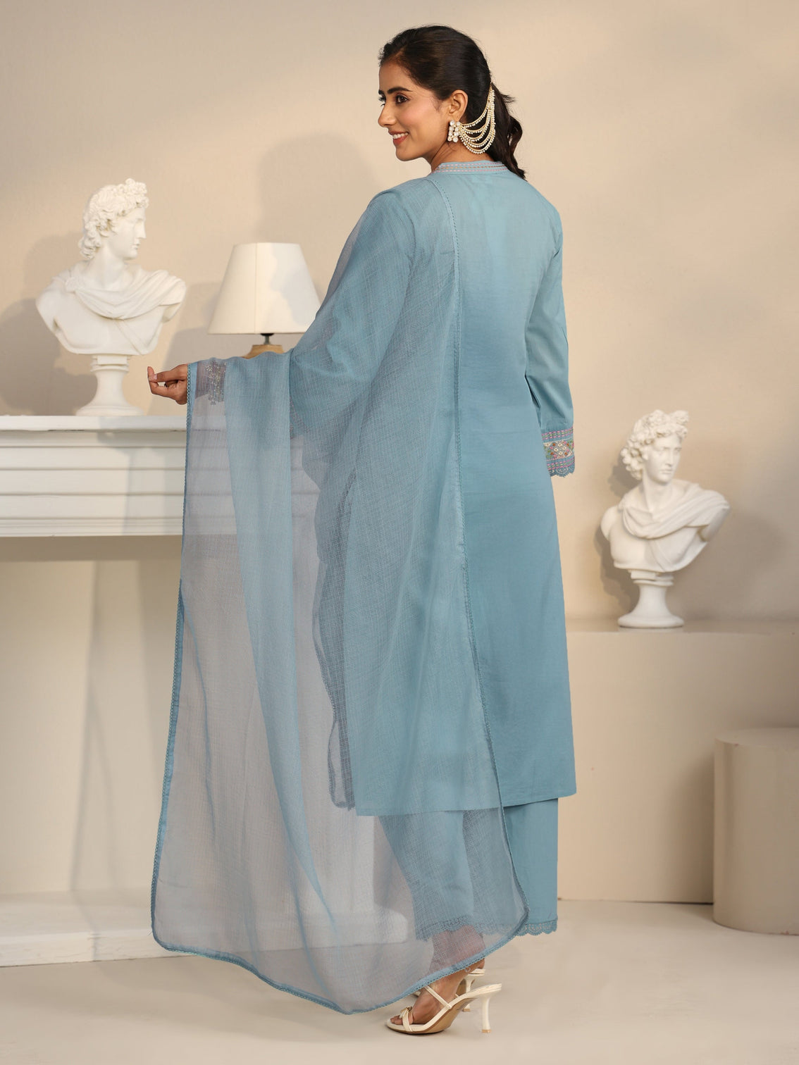 Mameraa Cornflower Blue Floral Embroidered Cotton Straight Suit Set