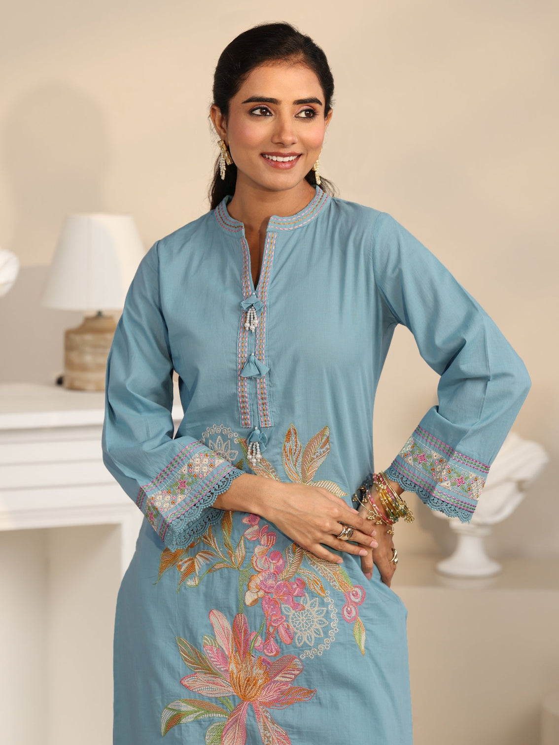 Mameraa Cornflower Blue Floral Embroidered Cotton Straight Suit Set