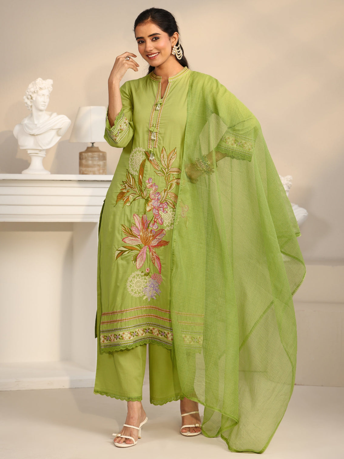 Mameraa Lime Green Floral Embroidered Cotton Straight Suit Set