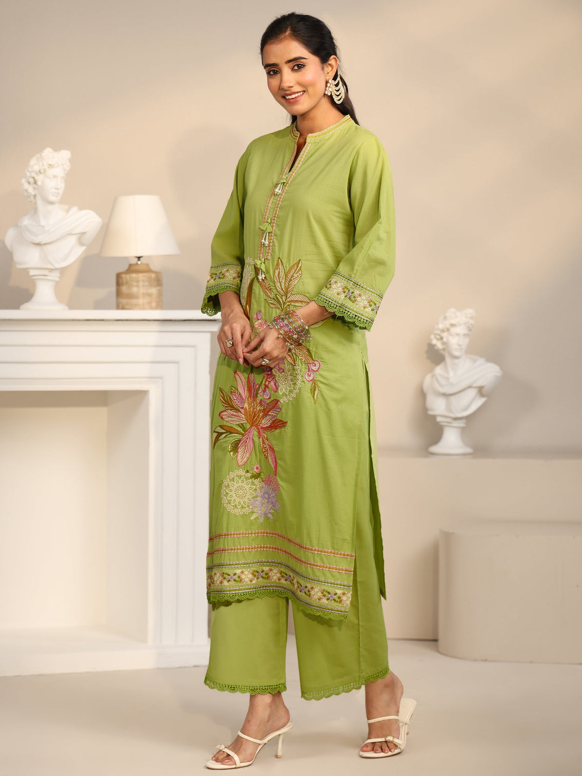 Mameraa Lime Green Floral Embroidered Cotton Straight Suit Set