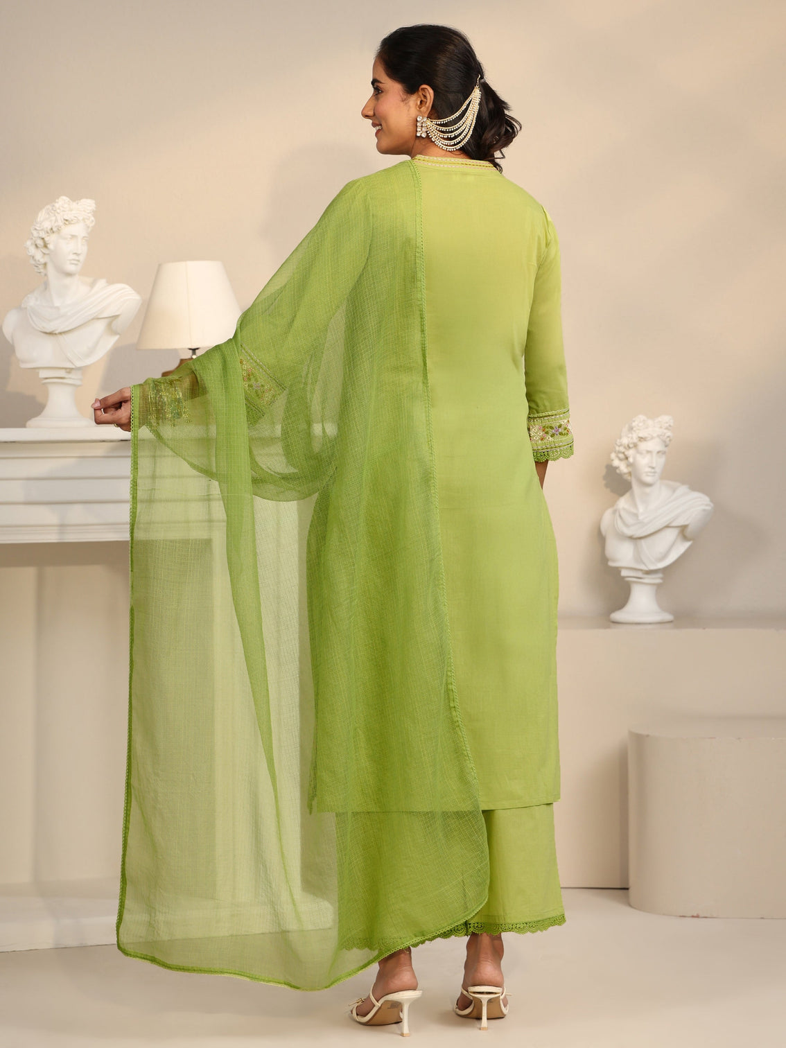 Mameraa Lime Green Floral Embroidered Cotton Straight Suit Set