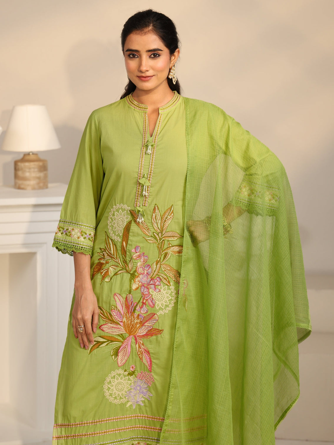 Mameraa Lime Green Floral Embroidered Cotton Straight Suit Set