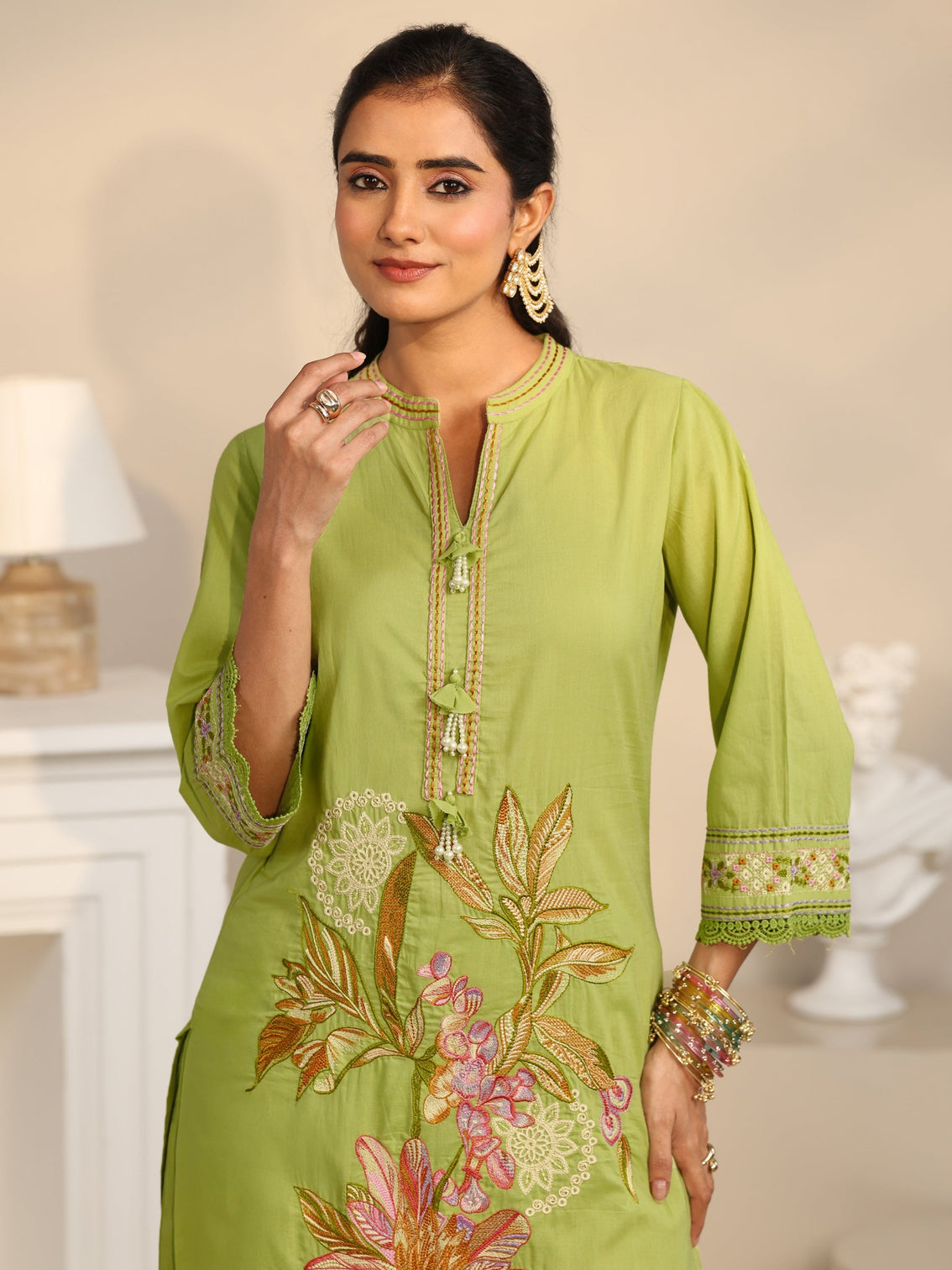 Mameraa Lime Green Floral Embroidered Cotton Straight Suit Set
