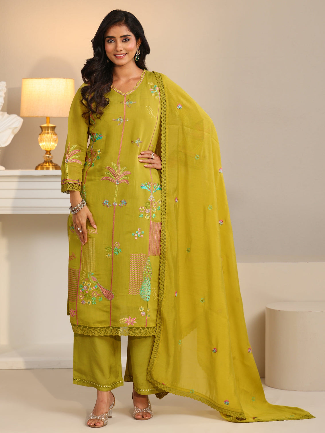 Mameraa Olive Green Floral Embroidered Chanderi Cotton Straight Suit Set