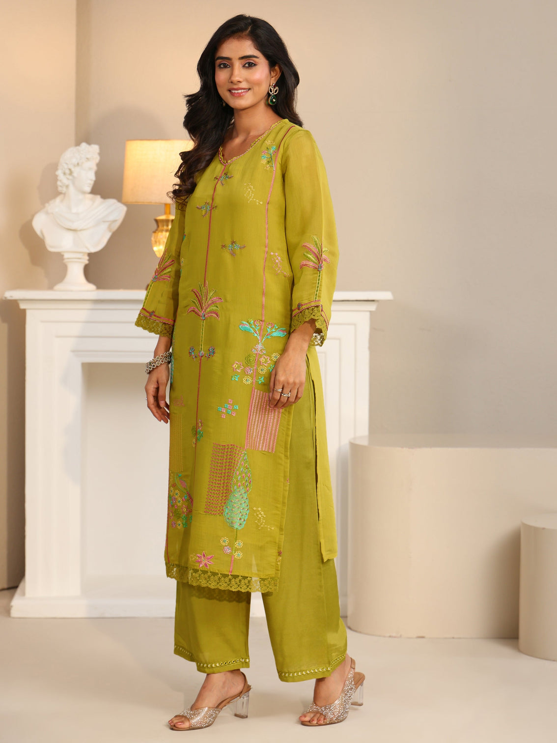 Mameraa Olive Green Floral Embroidered Chanderi Cotton Straight Suit Set