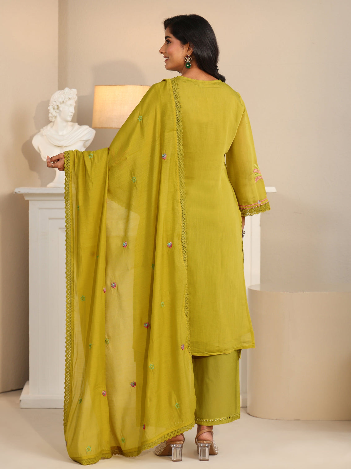 Mameraa Olive Green Floral Embroidered Chanderi Cotton Straight Suit Set