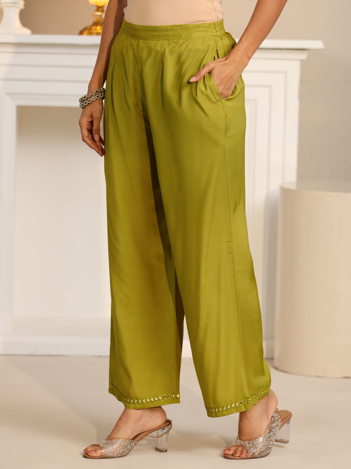 Mameraa Olive Green Floral Embroidered Chanderi Cotton Straight Suit Set