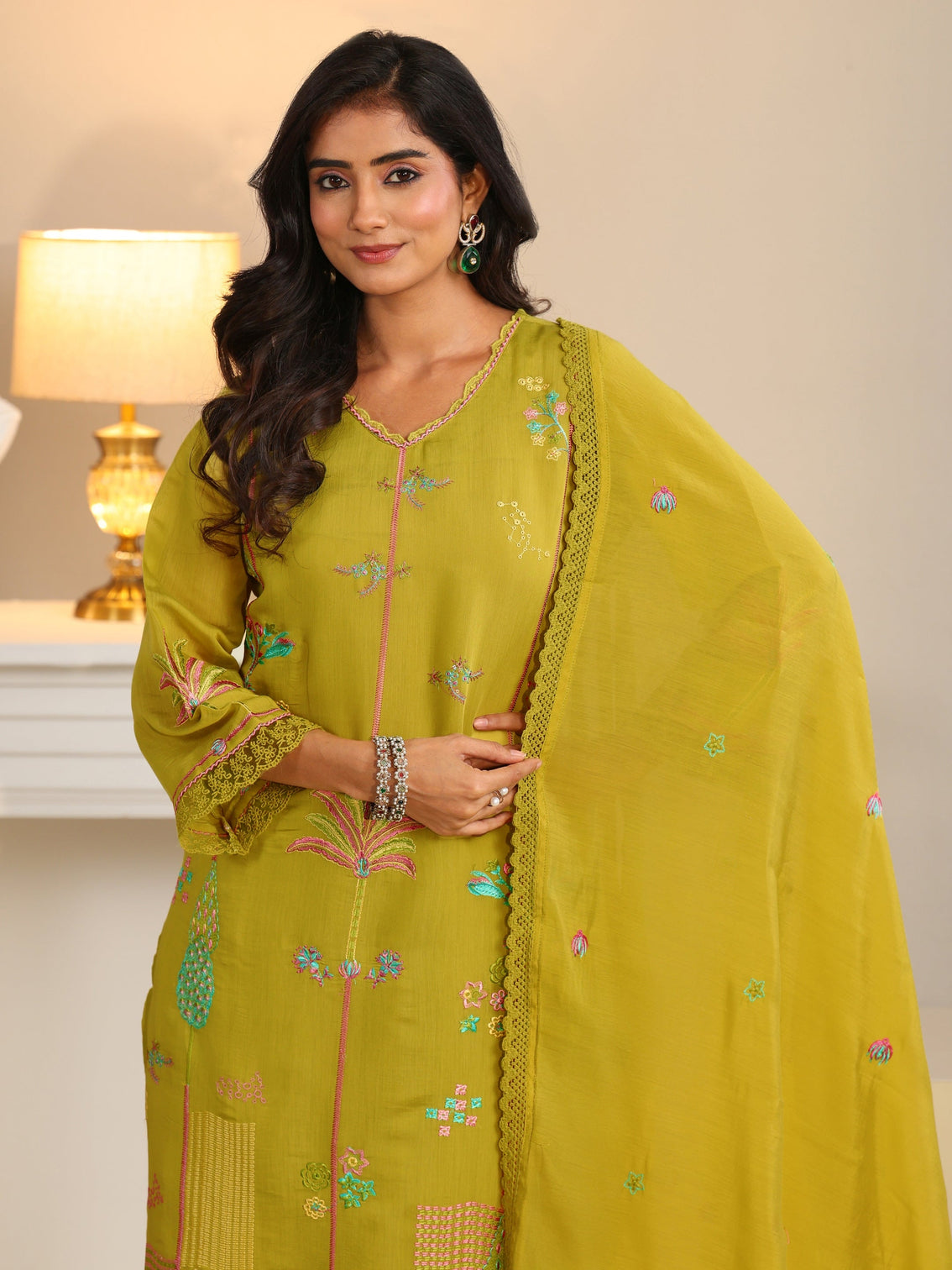 Mameraa Olive Green Floral Embroidered Chanderi Cotton Straight Suit Set