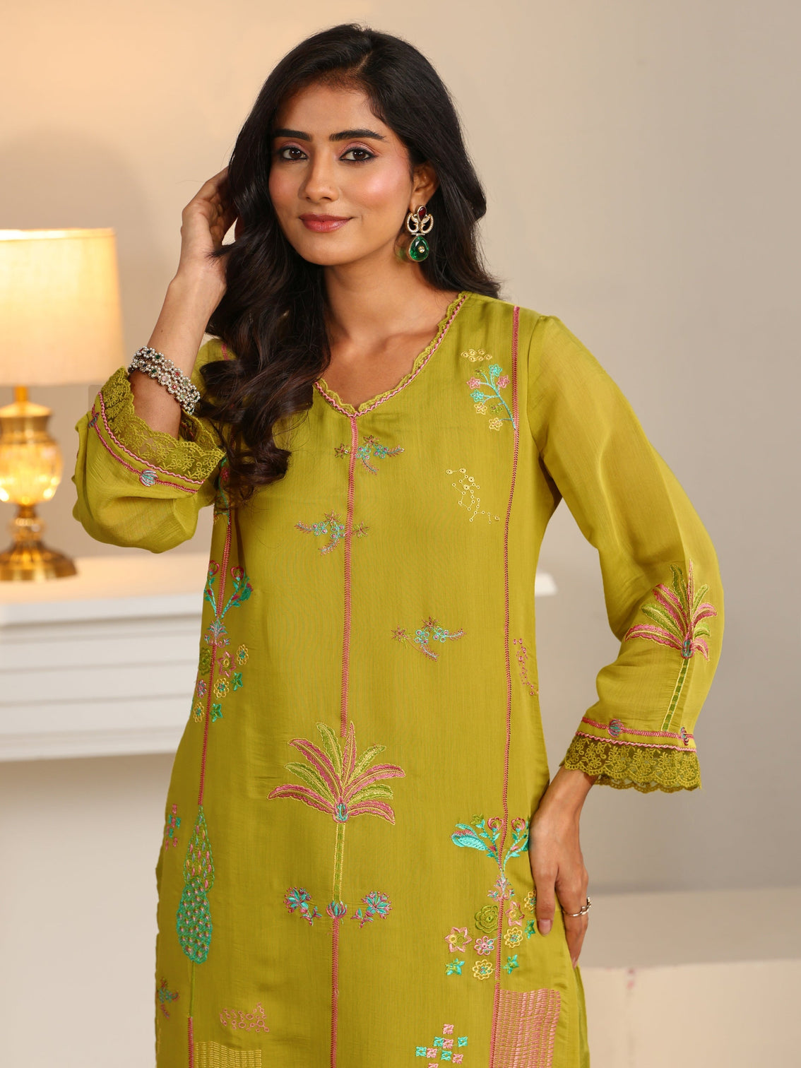 Mameraa Olive Green Floral Embroidered Chanderi Cotton Straight Suit Set