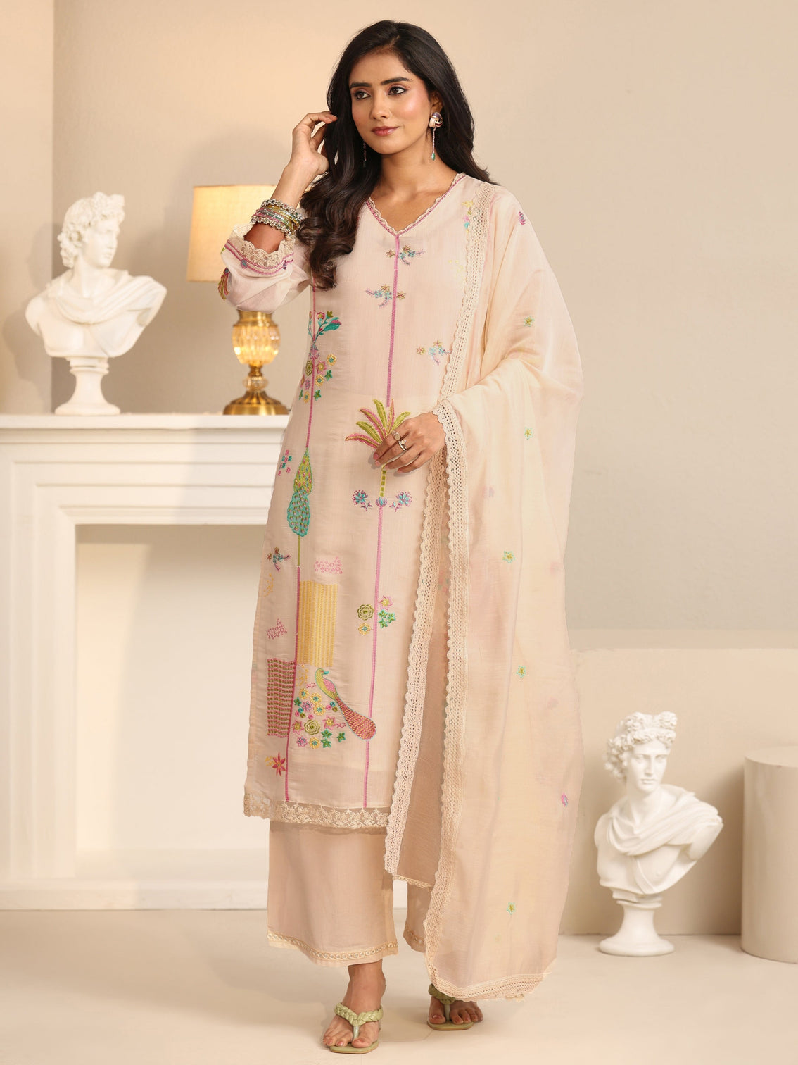 Mameraa White Floral Embroidered Chanderi Cotton Straight Suit Set