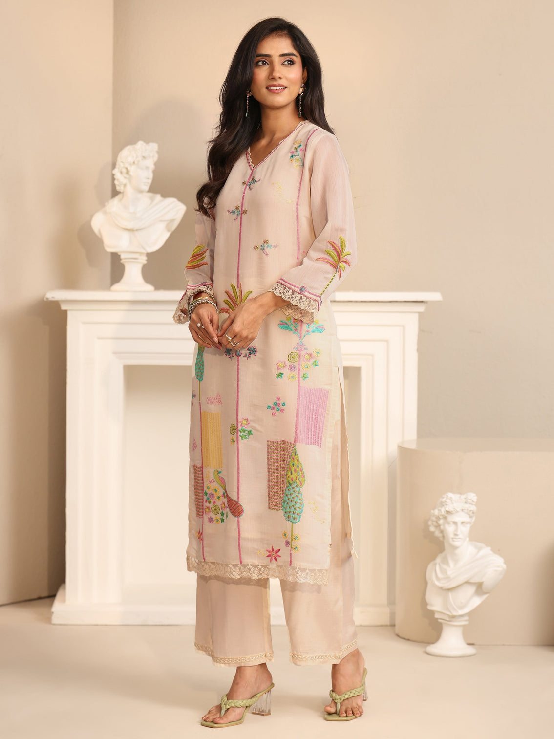 Mameraa White Floral Embroidered Chanderi Cotton Straight Suit Set