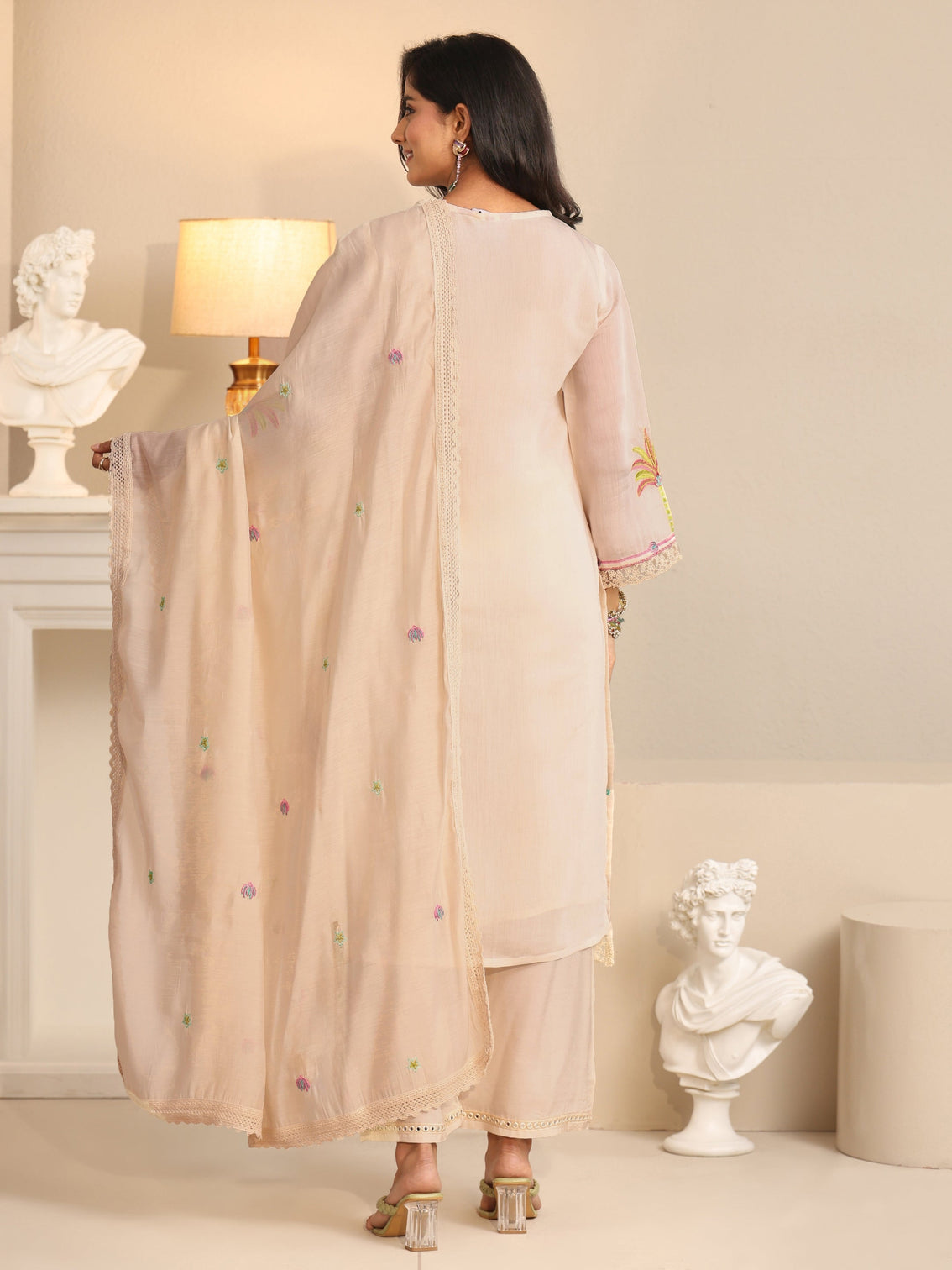 Mameraa White Floral Embroidered Chanderi Cotton Straight Suit Set