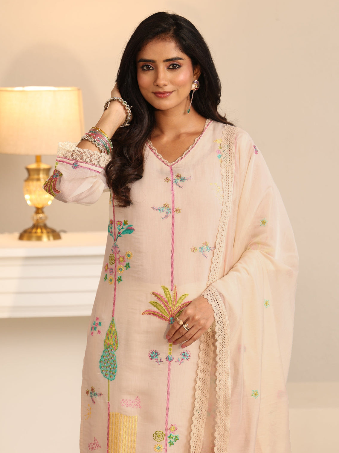 Mameraa White Floral Embroidered Chanderi Cotton Straight Suit Set