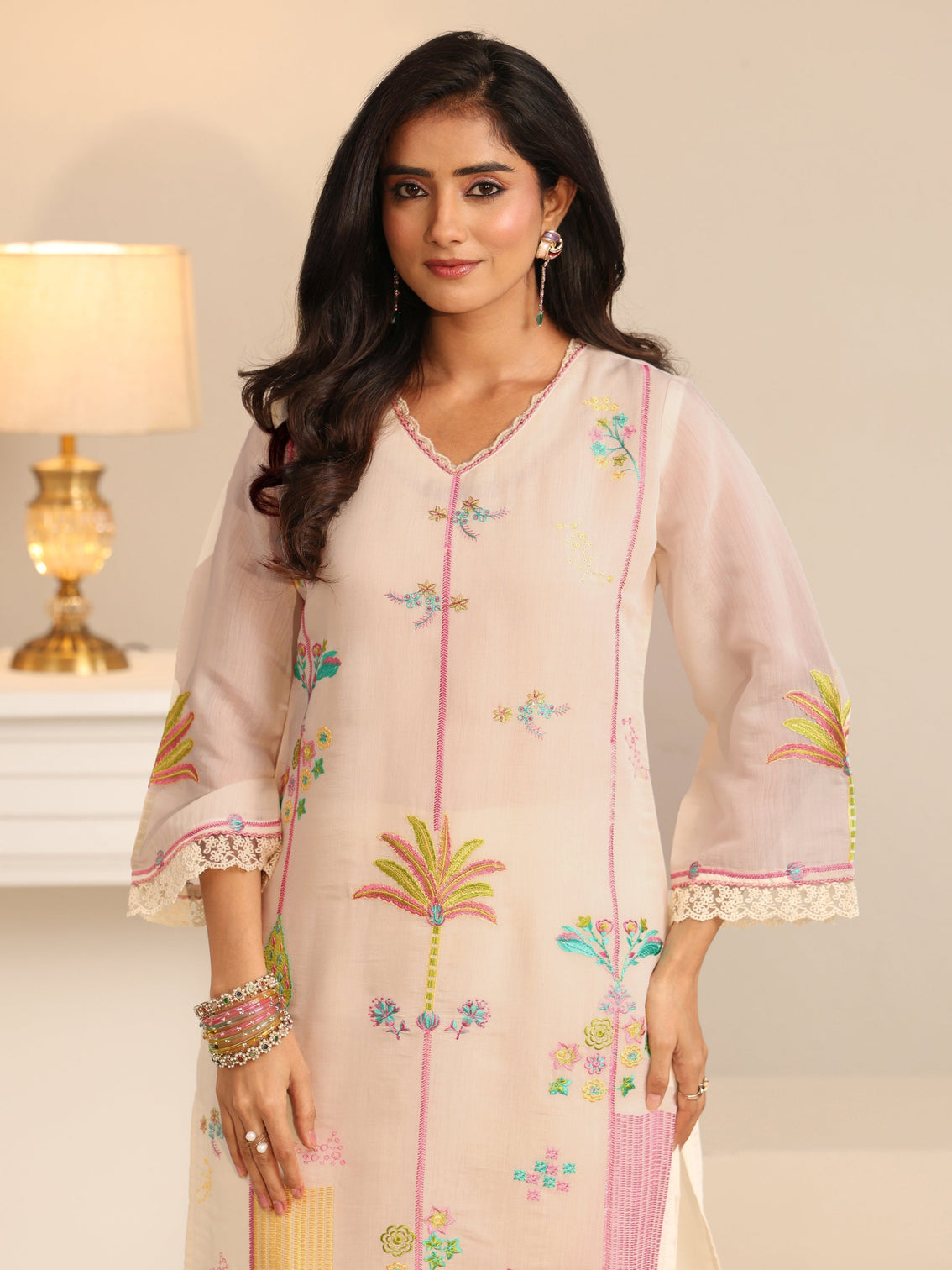 Mameraa White Floral Embroidered Chanderi Cotton Straight Suit Set