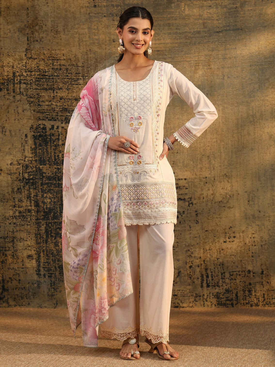 Mameraa Ivory Embroidered Cotton Short Kurta Pant Suit Set